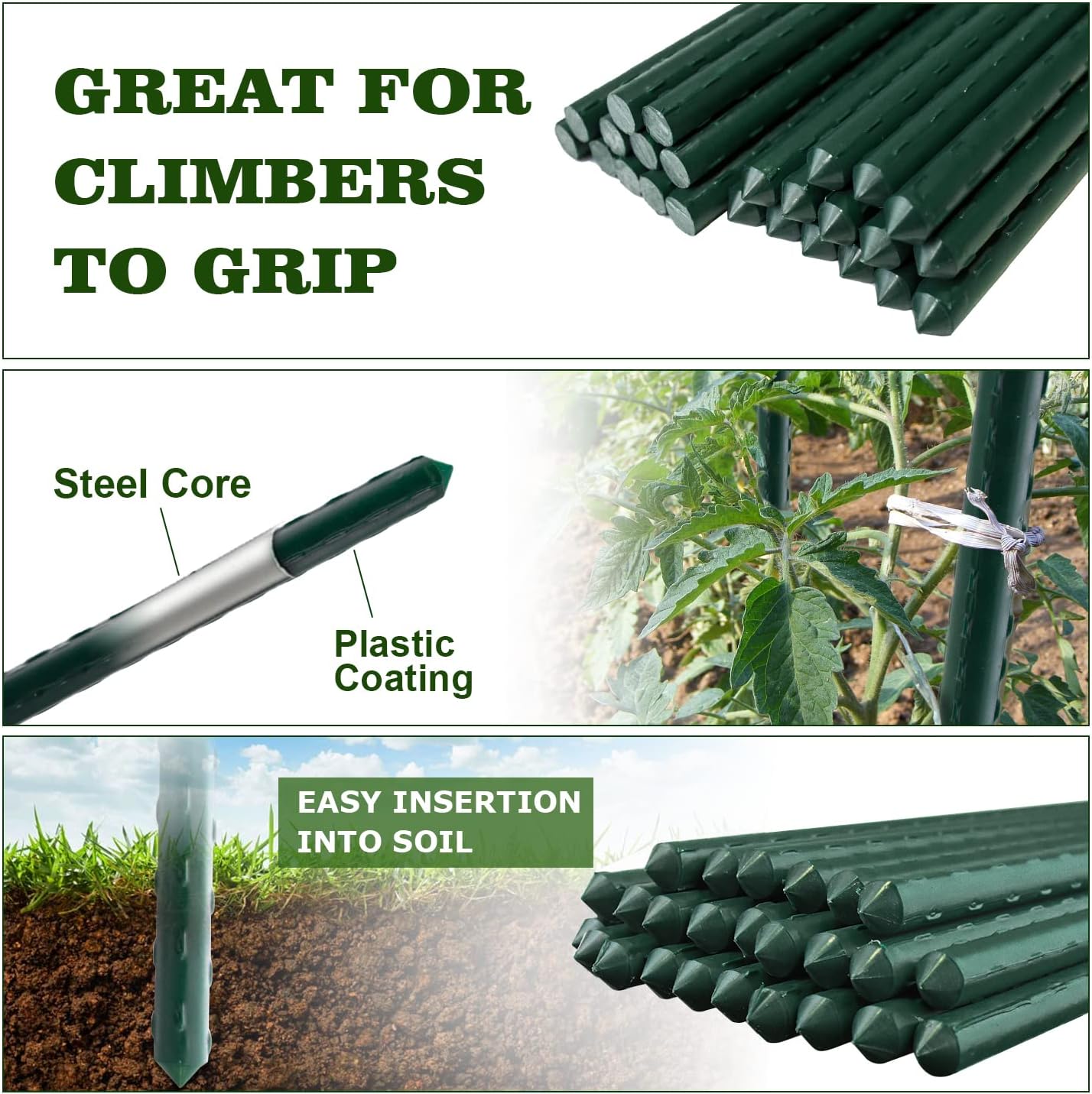 25pcs Steel Plant Stakes 4 Feet,Sturdy Plant Sticks, Plastic Coated Metal Garden Stakes Supports Climbing for Tomato, Bean, Flowers, Tree Potted