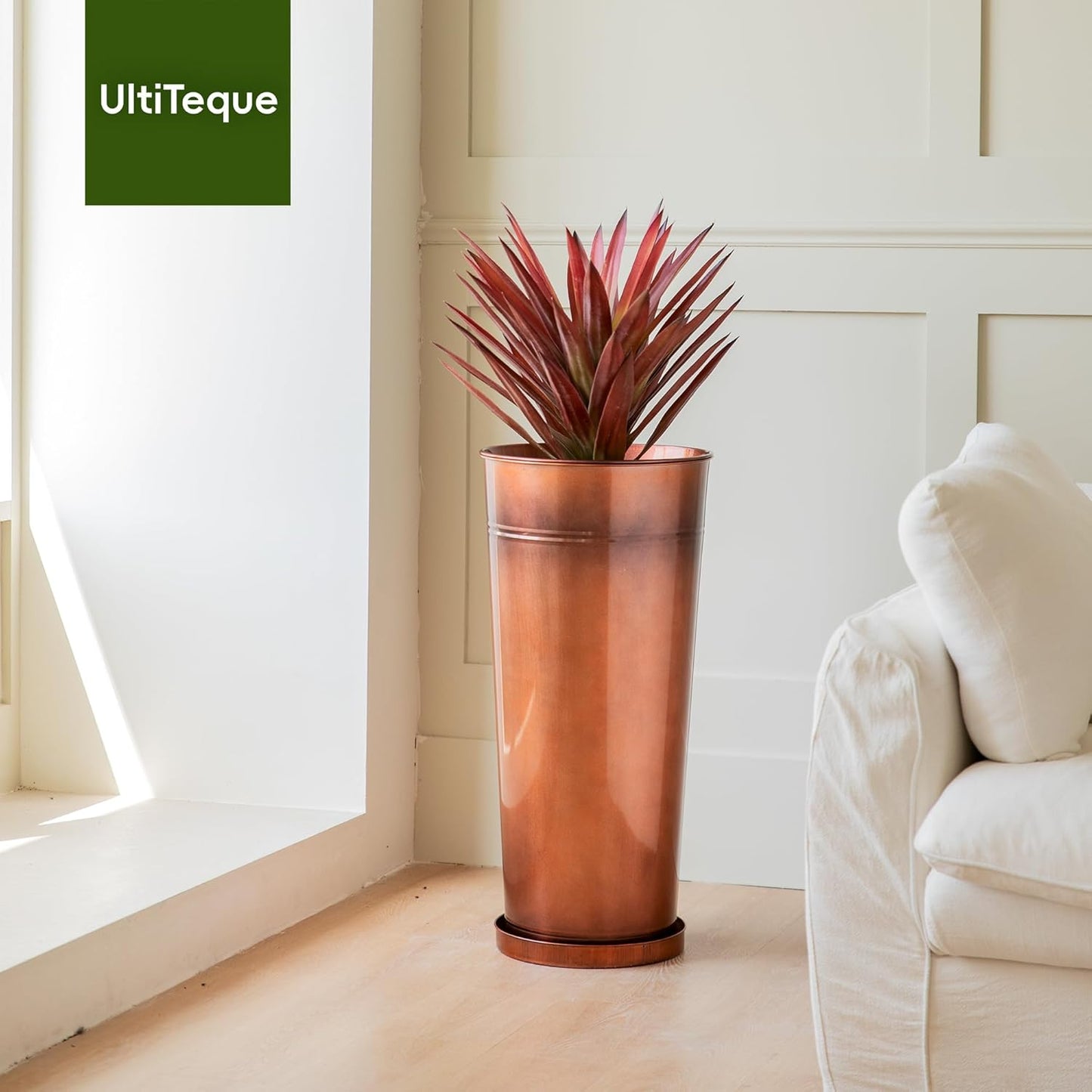 28in Tall Copper Planters Set of 2,Galvanized Steel Tall Outdoor Planter for porches/Indoor/terraces Patio- Copper Color(2planters,2inner pots with Holes, 2trays)