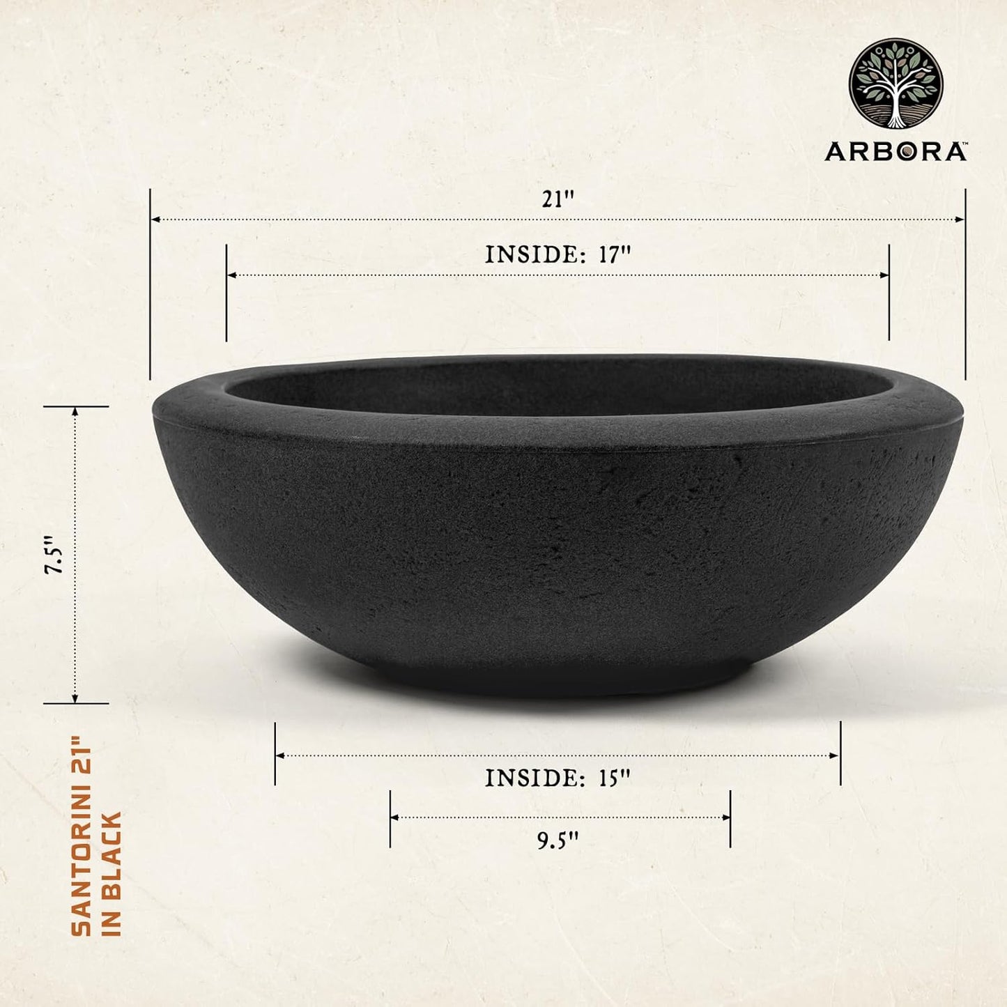 ARBORA 21" Santorini Bowl 2-Pack with Classic Black Finish - Polyresin Indoor and Outdoor Planters, Durable, Weatherproof, Lightweight, Large Plant Pots for Patio, Garden, Deck, Entryway