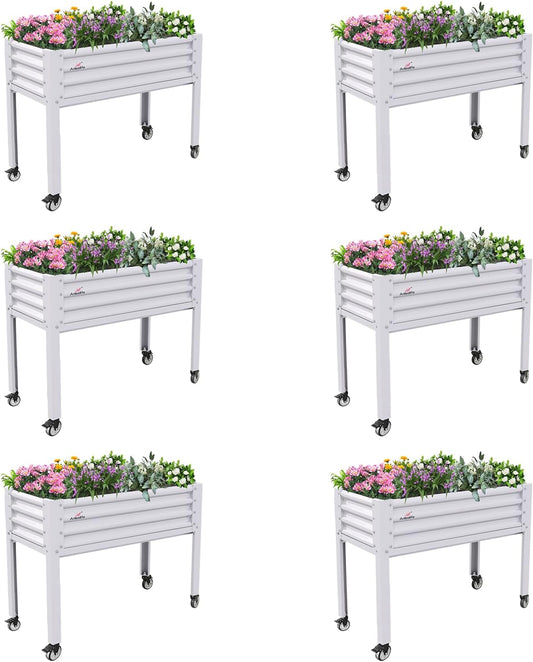A ANLEOLIFE 6-Set Galvanized Raised Garden Bed with Legs,48x24x35in Large Elevated Planter Box on Wheels with Drainage Holes for Backyard, Balcony, Patio, 600lb Capacity, Antique White