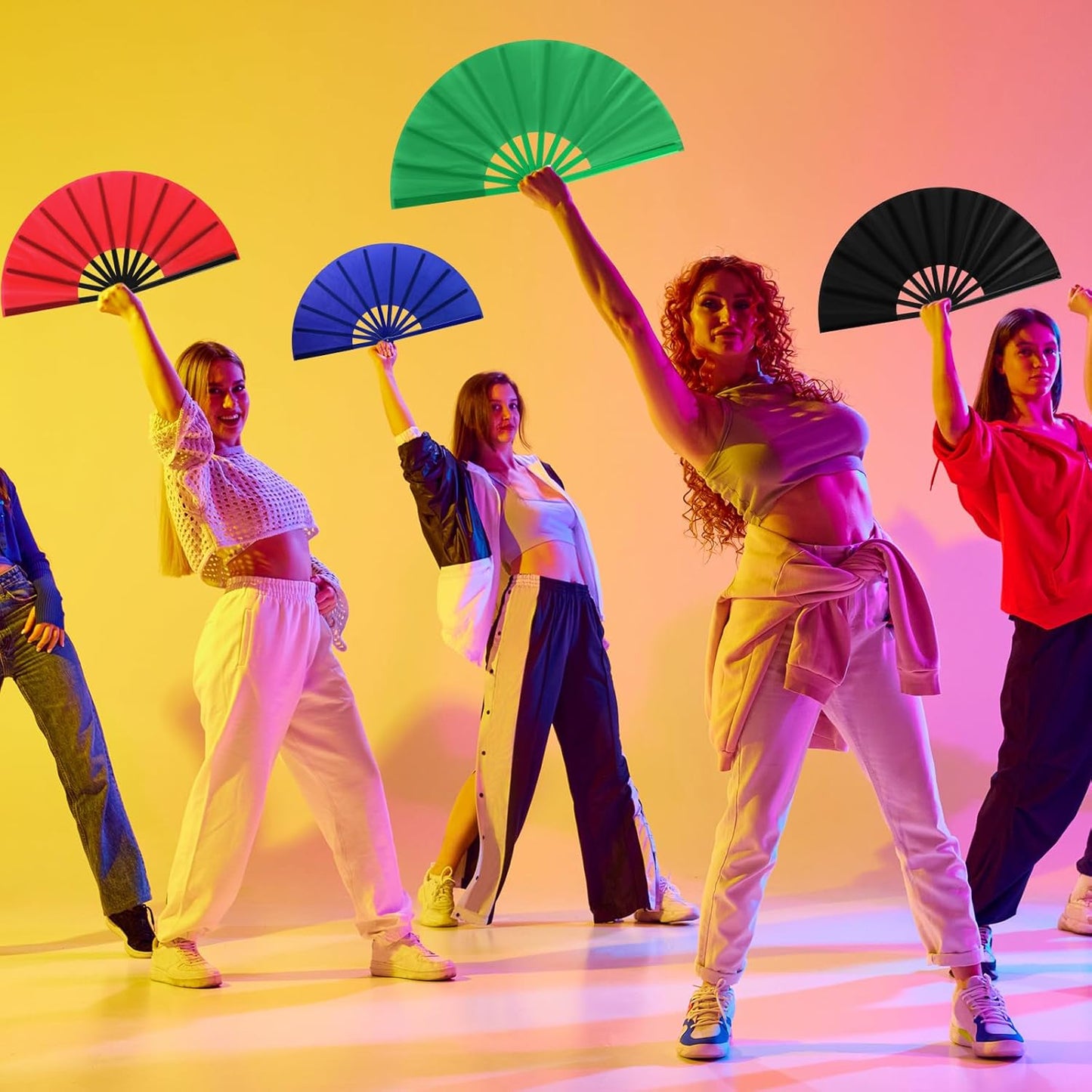 Blulu 4 Pcs 13 Inch Large Folding Hand Fans for Line Dancing Big Clapping Popping Raves Fans Bulk for Dancing Boots on The Ground Festival Party Decoration(Classic Style, Red, Black, Blue, Green)
