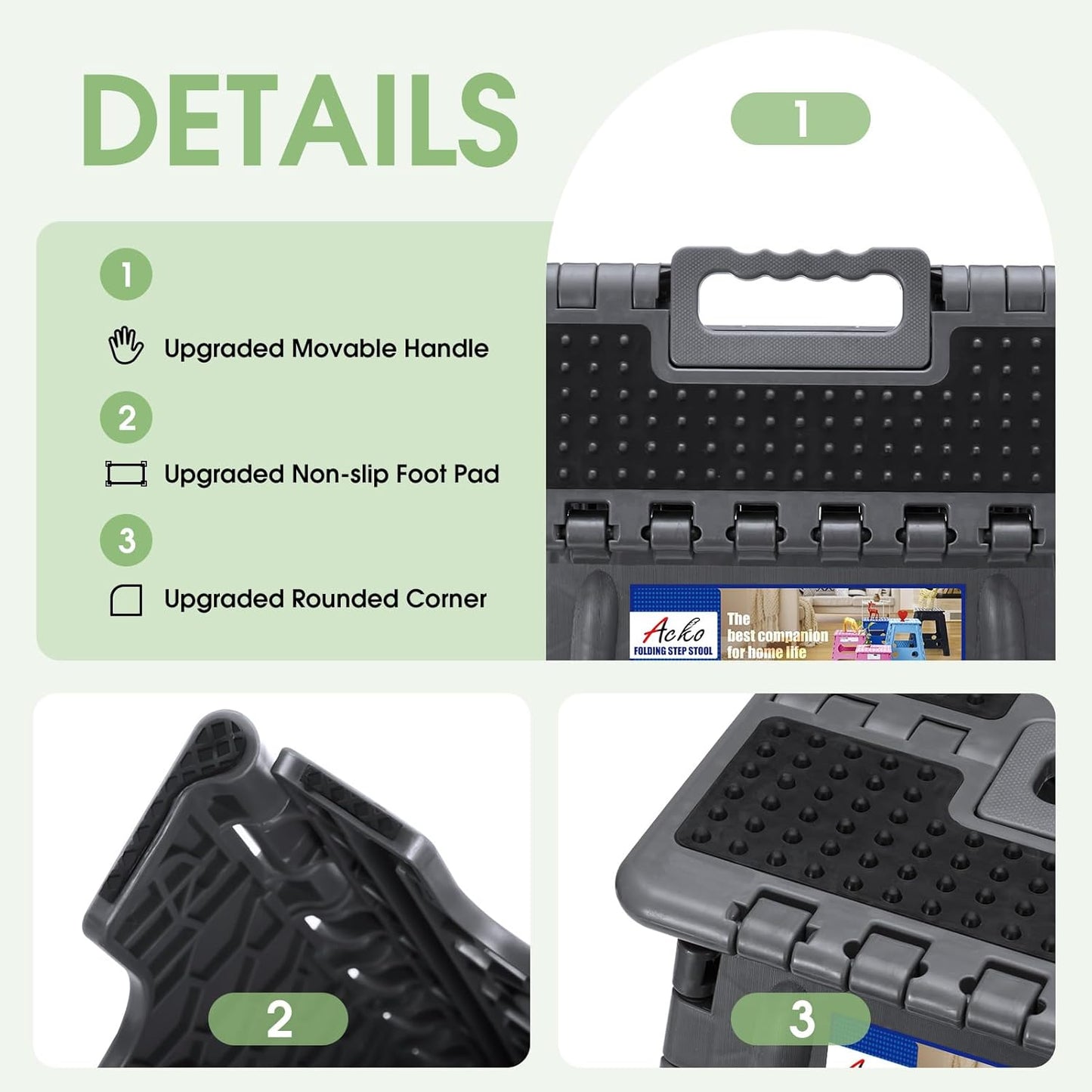 ACKO Folding Step Stool Foldable 17.5 Inch Stools for Adults and Kids,Plastic Stools Tall 400 lbs Capacity, Collapsible Stool for Kitchen, Stepping Foot Stool with Handle, Dot Grey,1 PC