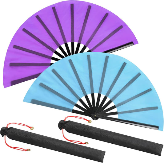 Maitys 2 Packs Large Clap Fans for Line Dancing Large Chinese Folding Hand Fans for Men and Women, Festival, Tai Ji, Kungfu, Martial Art, Gifts (Purple and Light Blue)