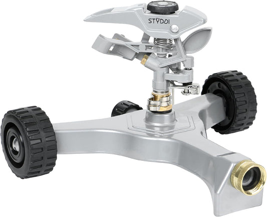 STYDDI Metal Pulsating Sprinkler on in-Series Metal Wheeled Base, Adjustable Circular Water Sprinkler for Medium to Large Circular Lawn, Yard, Garden and Large Areas, Coverage up to 6,360 Sq. ft