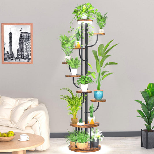 64" Tall Indoor Plant Stand with Grow Light, 9 Tier Metal Rotating Plant Shelf, Adjustable Tree-Shaped Plant Display Rack for Living Room, Bedroom, Office, Balcony