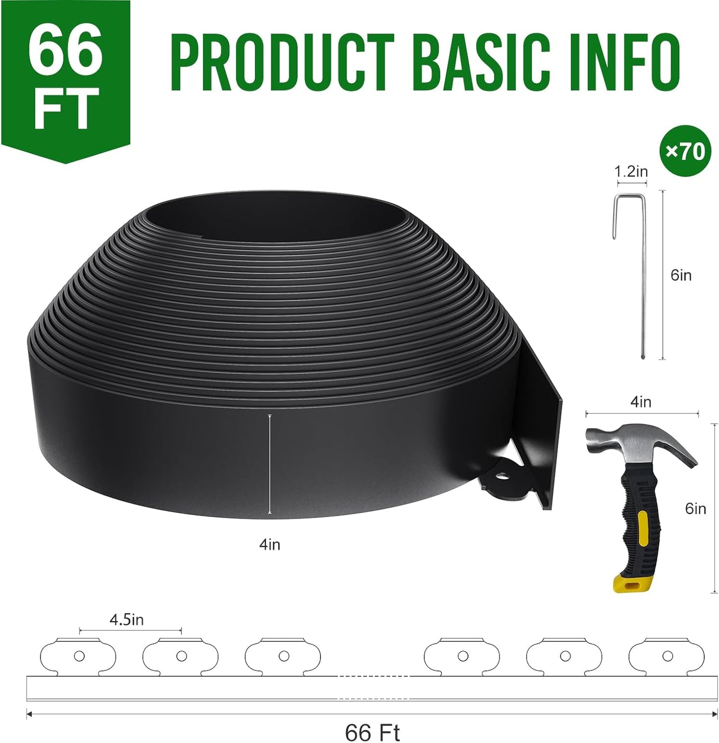 66FT Landscape Edging 4 in Tall with 70 Spikes, Garden Edging Border and 1 Hammer, Plastic Landscape Edging Border Lawn Edging for Landscaping, Flower Beds, Yard