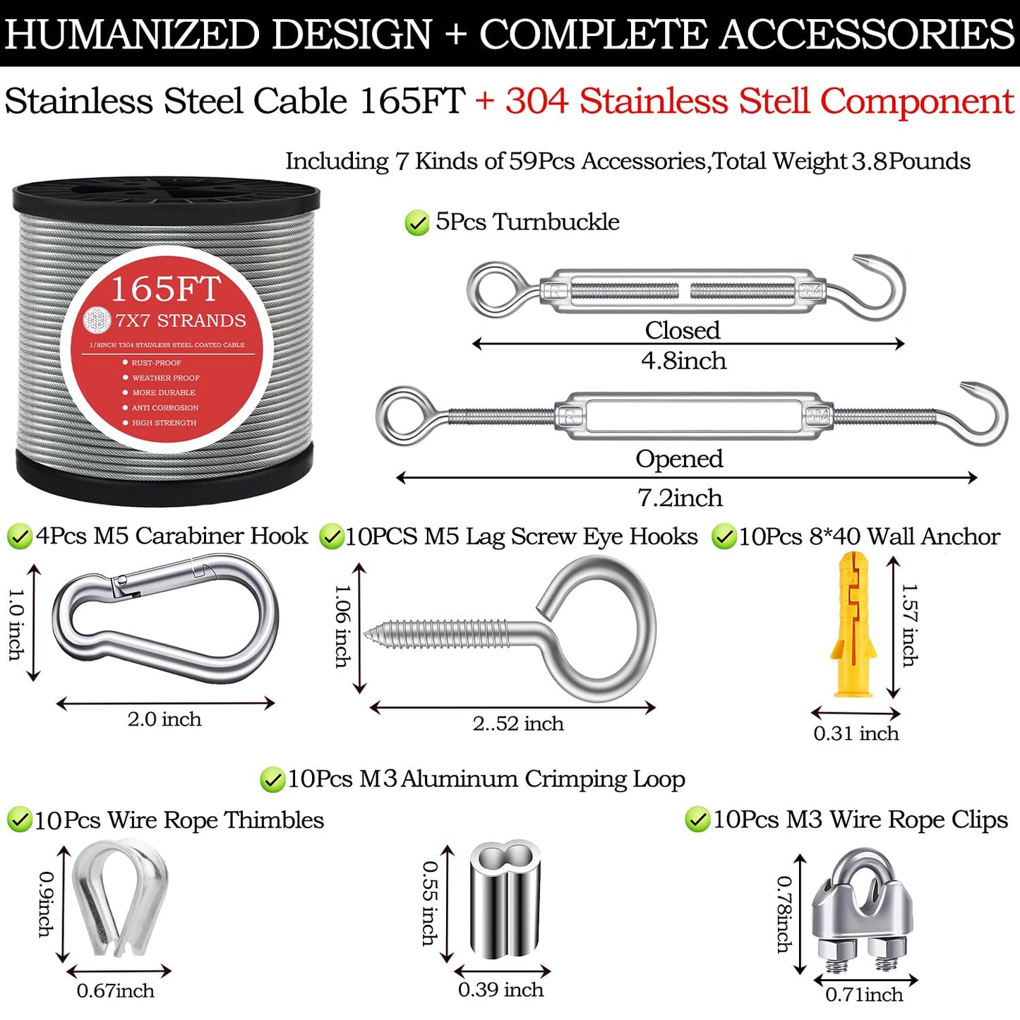 165FT Steel Cable Kit | M5 Turnbuckle & 1/8" Stainless Steel Wire Rope