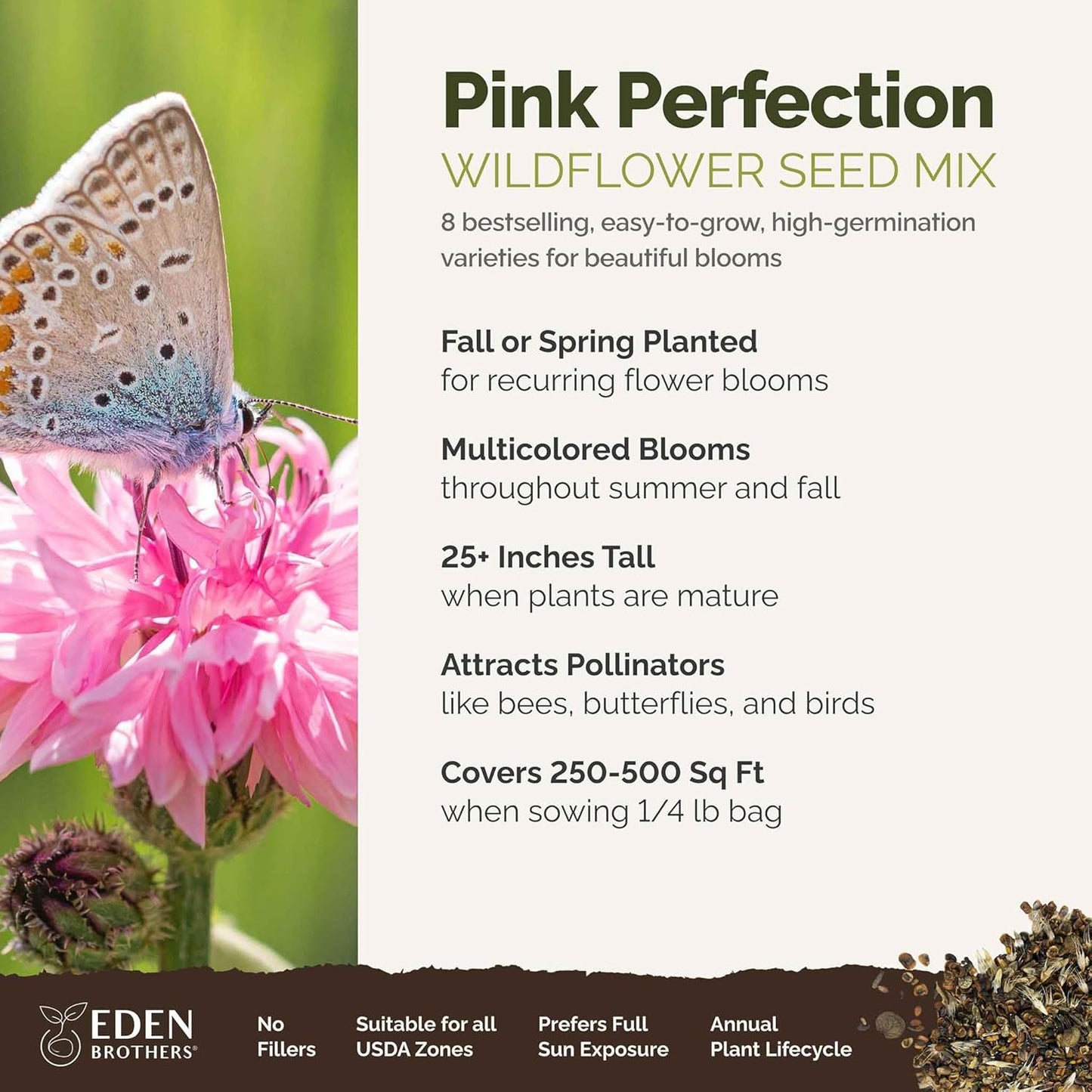 Eden Brothers Pink Perfection Flower Mixed Seeds for Planting, 1/4 lb, 120,000+ Seeds with Zinnia, Cosmos Versailles | Attracts Pollinators, Plant in Spring or Fall, Zones 3, 4, 5, 6, 7, 8, 9, 10