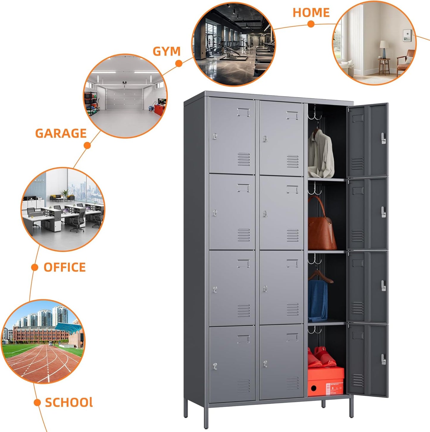 12 Doors Employee Lockers,72" H Metal Storage Lockers for Employees with 12 Hooks for Offices School Gyms Home,Assembly Required,Dark Grey