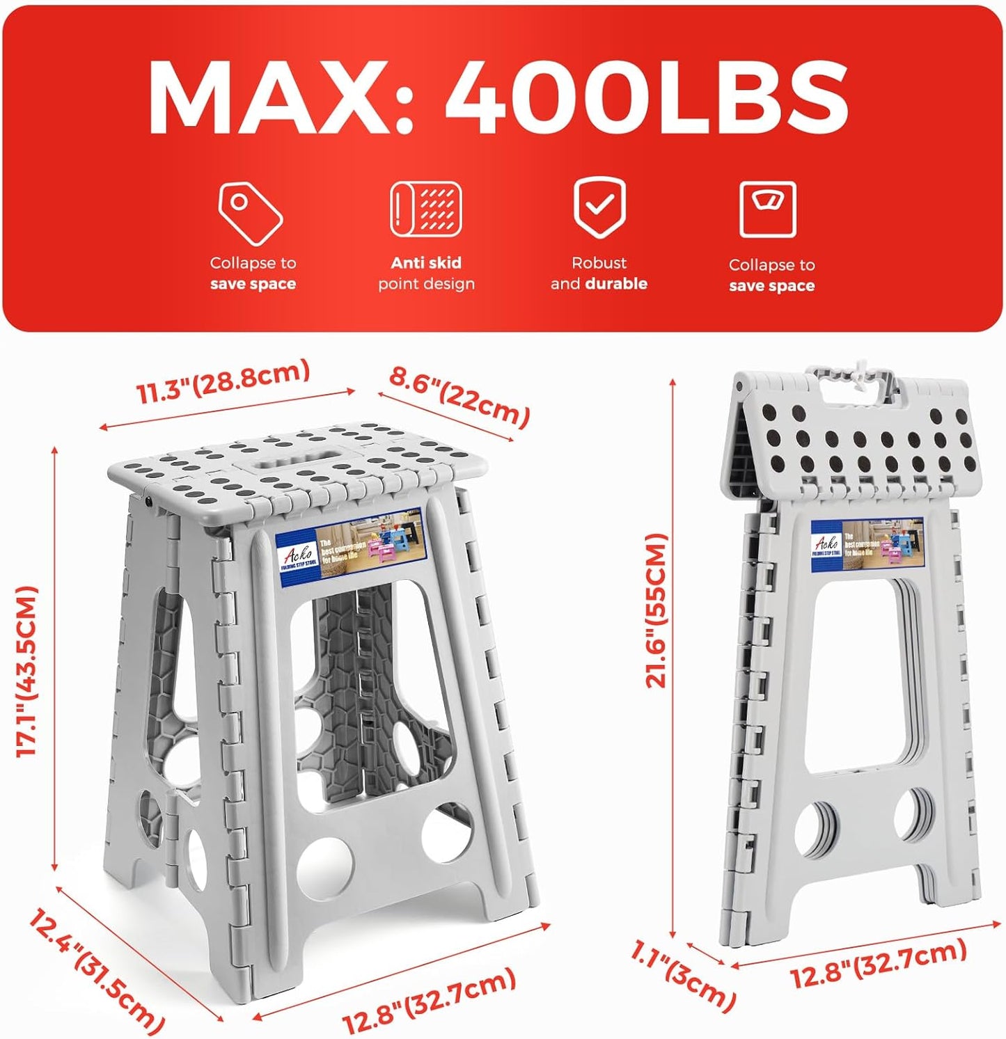 ACKO Folding Step Stool Foldable 17.5 Inch 400 lbs Capacity, Plastic Stools for Adults and Kids, Collapsible Stools for Kitchen, Stepping Stool with Handle(Grey)