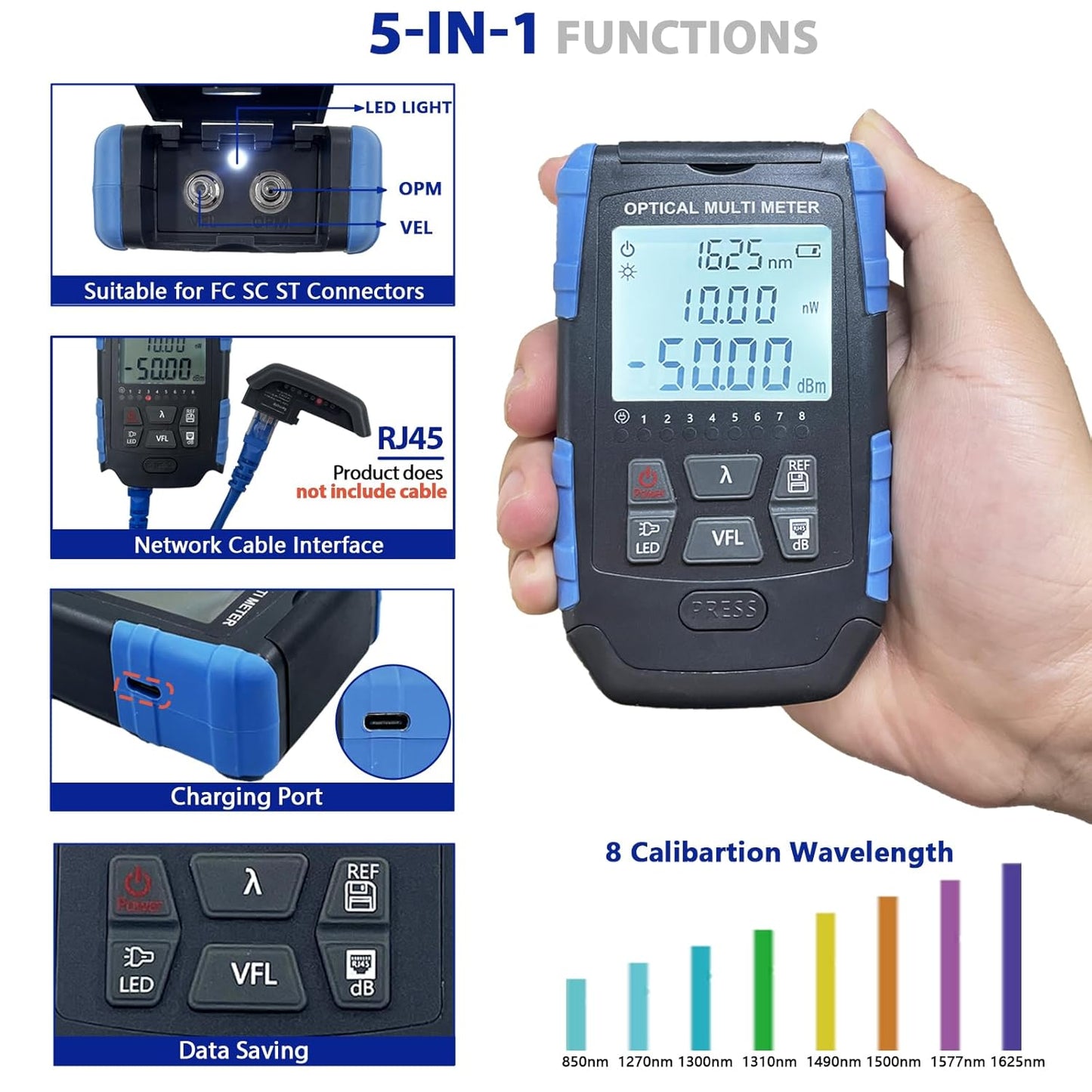 5-in-1 Fiber Optic Cable Tester - Portable Optical Power Meter With Light, FC/SC/ST Universal Interface