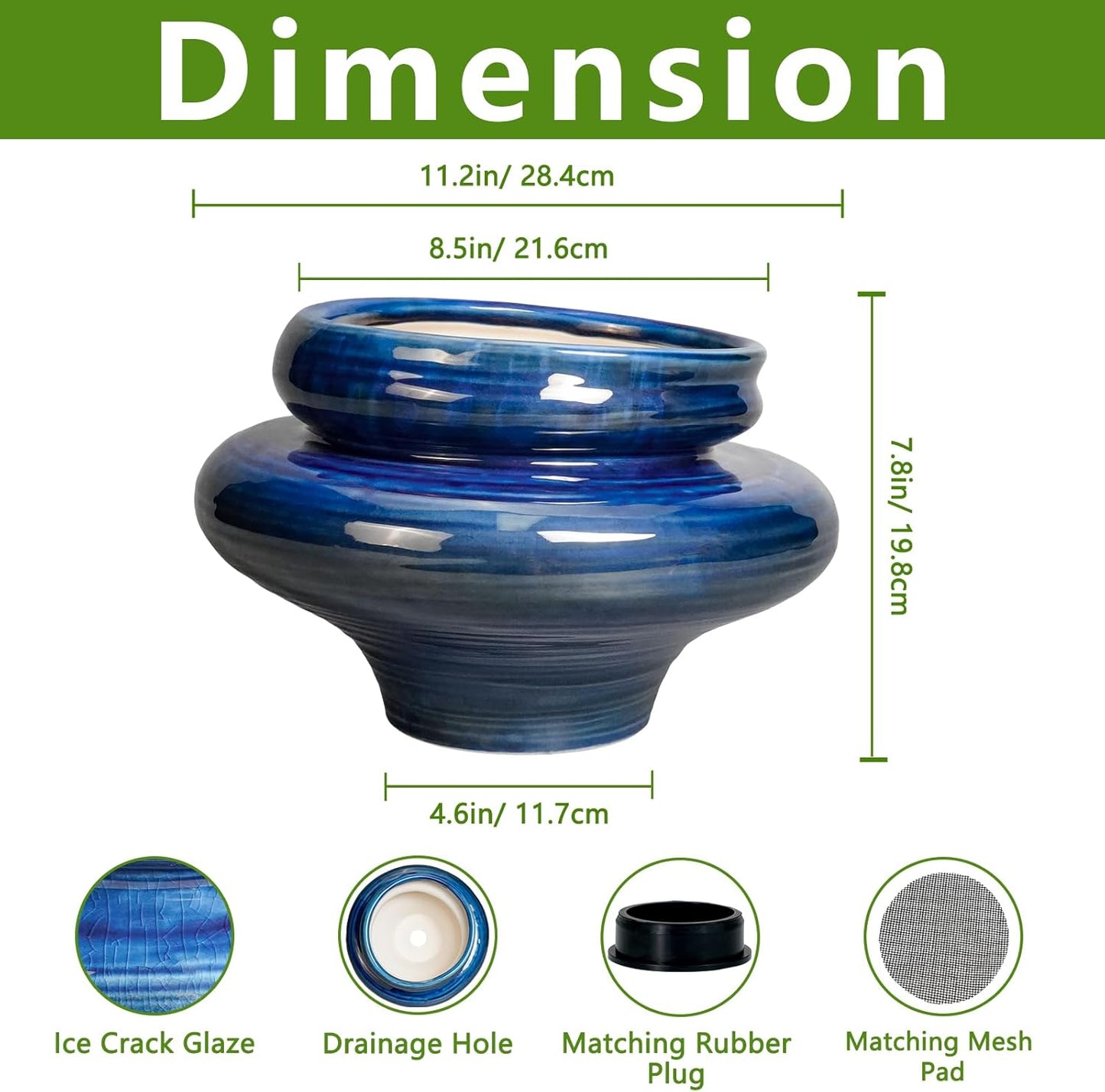 Ceramic Pots for Plants - 11 Inch Ceramic Planter for Indoor Outdoor, Unique Planters with Drainage Hole, Decorative Flower Pot, House Office Garden Decor, Plants Lover Gifts, Blue