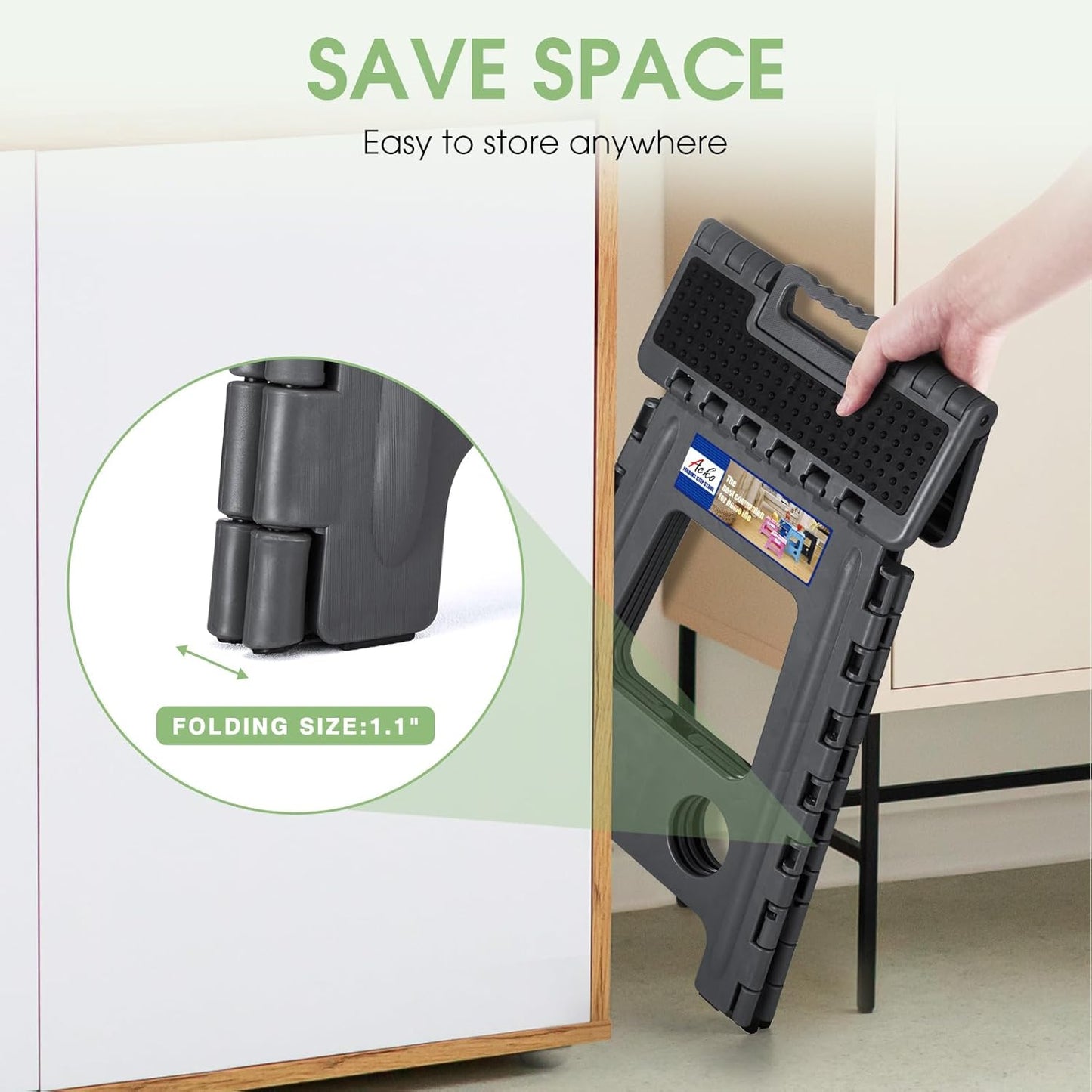 ACKO Folding Step Stool Foldable 16 Inch Stools for Adults and Kids, Plastic Stools Tall 400 lbs Capacity, Collapsible Stool for Kitchen, Stepping Foot Stool with Handle, Dot Grey, 1 PC