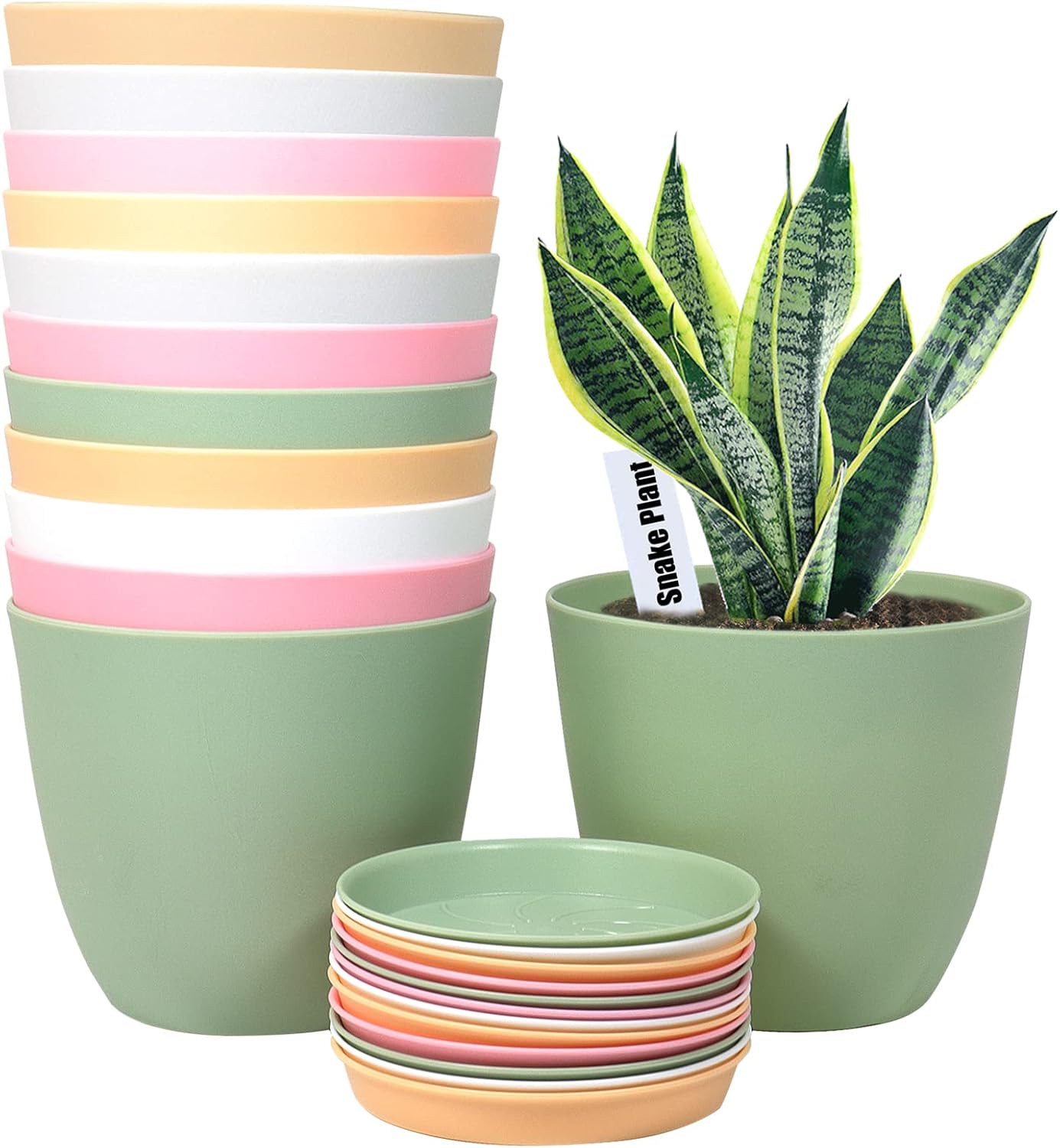 6 Inch Plant Pots, 12 Pack Plastic Planters Modern Flower Pot with Drainage Holes and Saucers for All House Plants, Herbs, Flowers and Seeding Nursery, Colorful