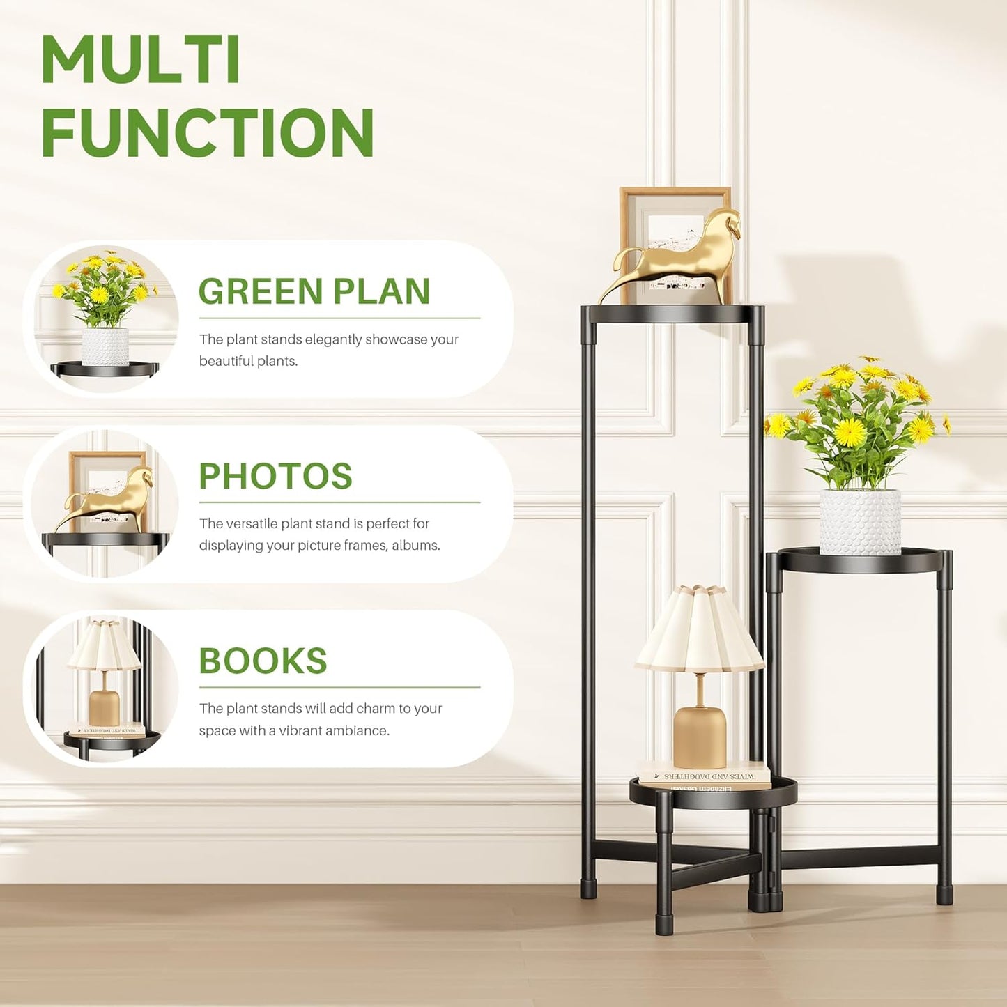 3-Tier Foldable Plant Stand, Corner Display Shelf for Multiple Plants, Indoor Outdoor Rack, Black