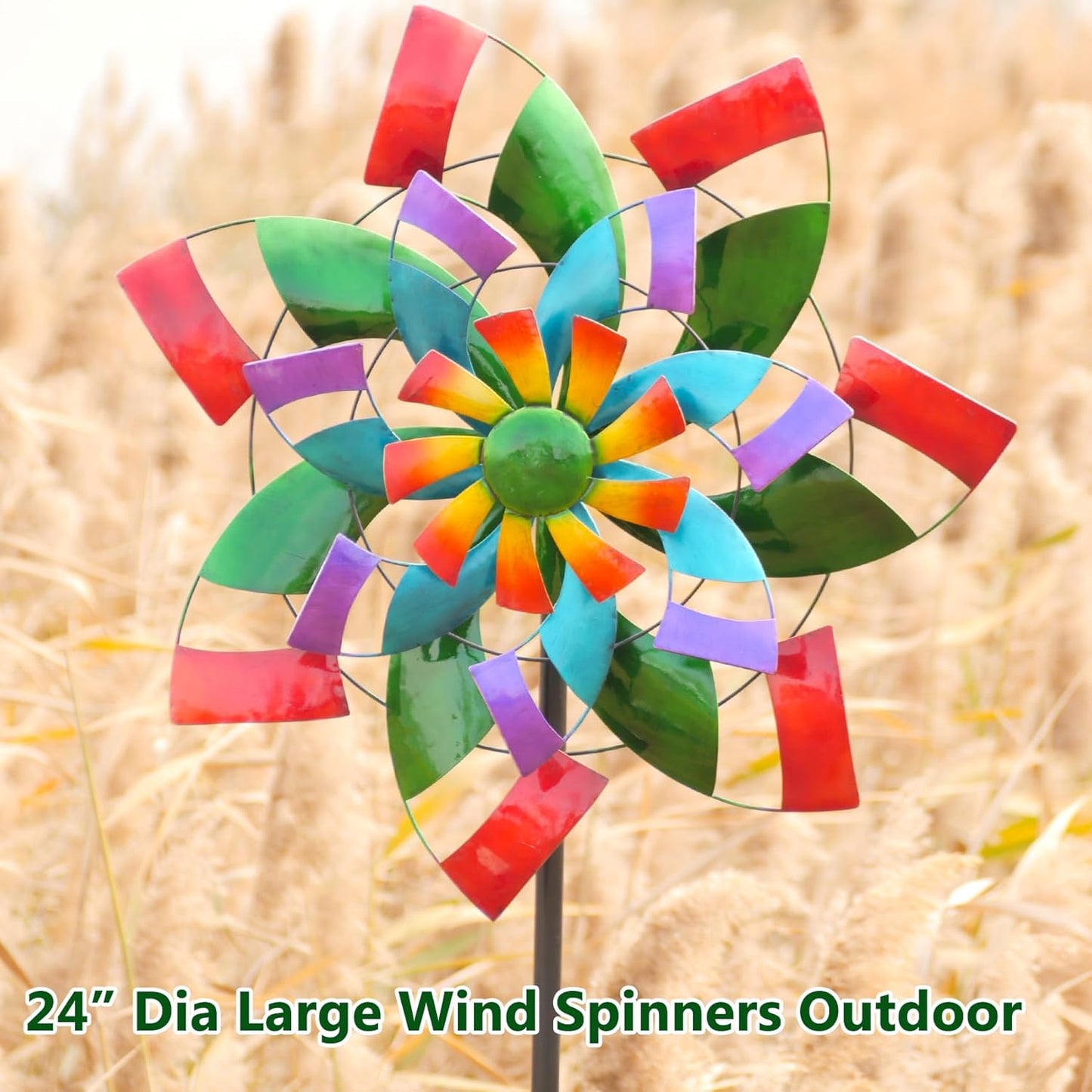 24" Dia Large Wind Spinner, Colorful Metal Wind Sculptures 83.5" Height Heavy Kinetic Windmill with 5 Prong Stake for Outdoor Patio, Yard and Garden, Ideal Gift for Family Friend