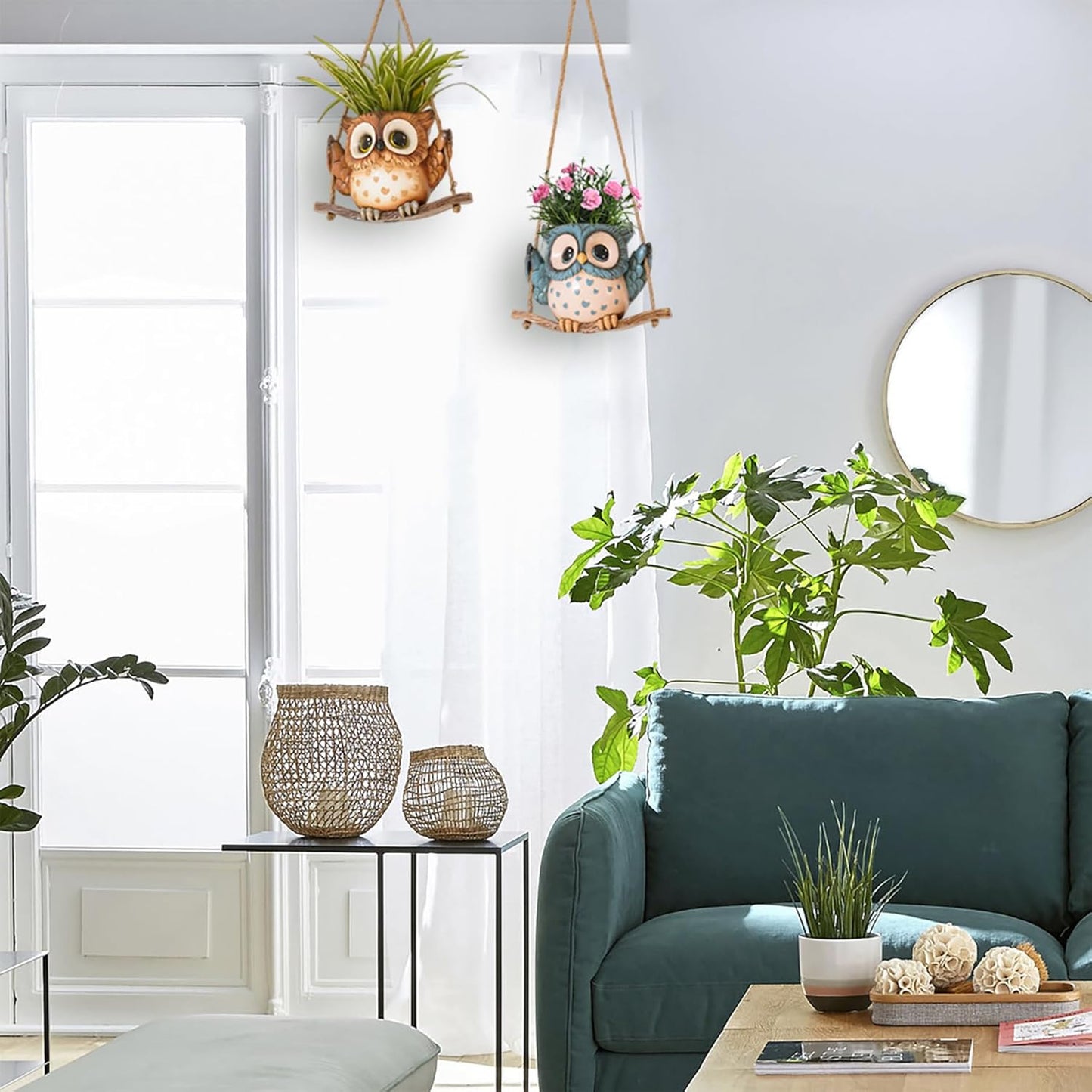 Swing Owl Hanging Planters for Indoor Plants, Cute Small Succulent Pots with Drainage Hole, Unique Resin Plant Hangers Outdoor, Hanging Plant Holder for String Of Pearls, Gift Ideas for Mother