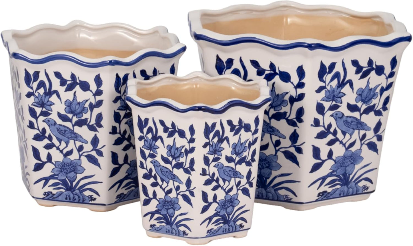 Home Decor Flower Pots and Planters – Intricate Pots with Floral Pattern for Indoor and Outdoor Plants - Vintage Plant Pots Great for Garden, Patio, or Room Decor Set of 3 – 9", 8", 7" Blue & White