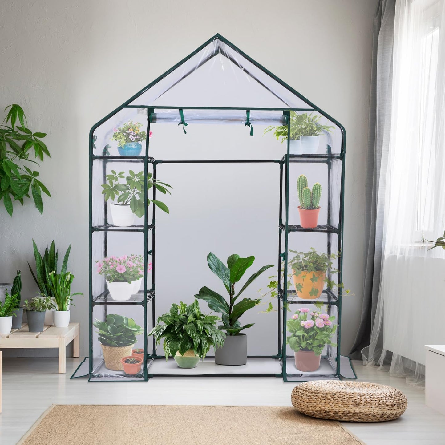 Ohuhu Small Greenhouse for Outdoors: 4 Tiers 6 Shelves Walk-in Indoor Green House Heavy Duty Plant Stands Reinforced Plastic PVC Cover Mini Portable Warm House for Outside, 4.8x2.5x6.4 FT
