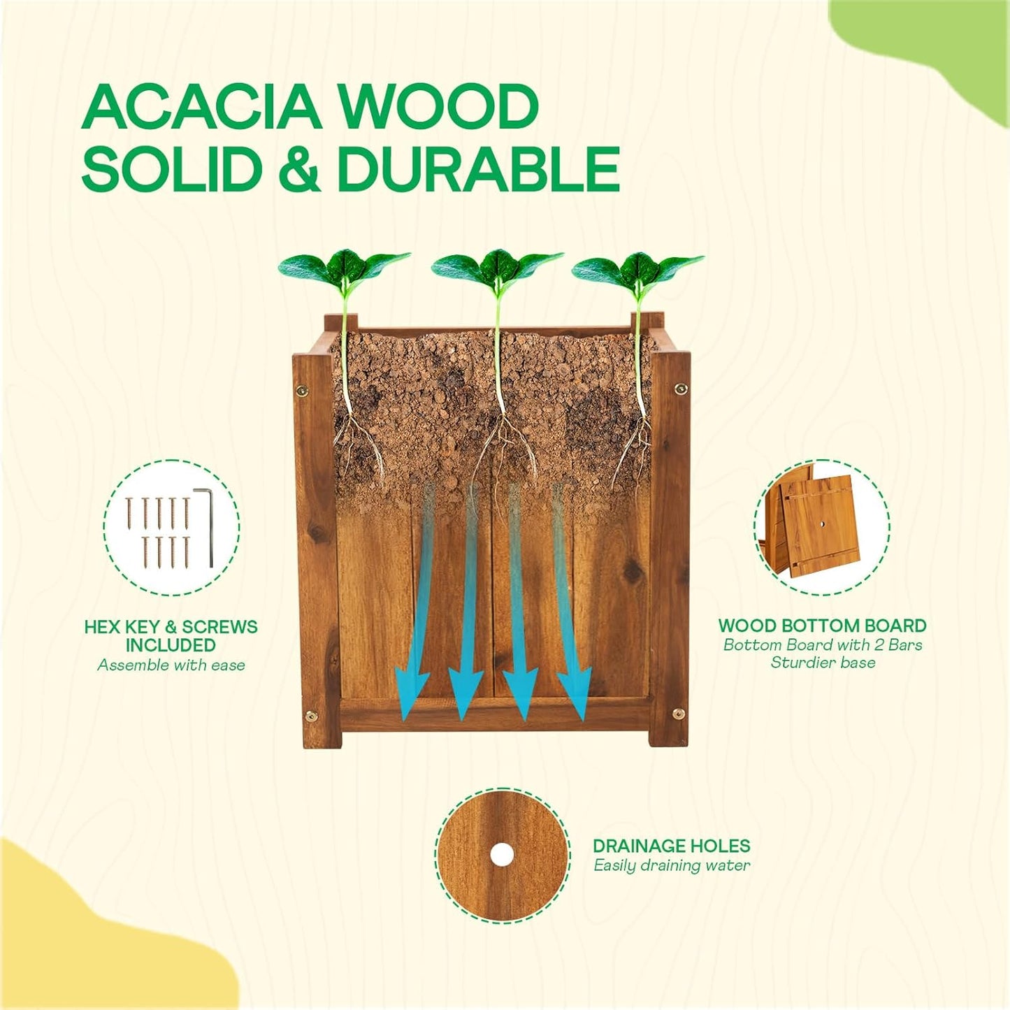 IDZO Acacia Wood Flower Planter Box for Outdoor Plants, 1pc Wooden Raised Garden Bed with Handles, Drainage Holes, Ideal for Garden and Home Décor, Light Cherry