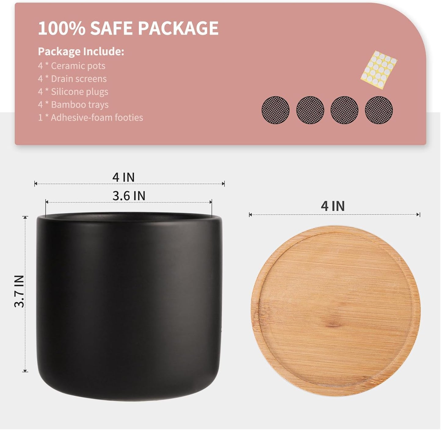 OMAYKEY 4 Inch Ceramic Plant Pot with Saucer, Black Planters Pots with Drainage Hole and Mesh Pads for Succulent, Snake, Cactus, Herbs - 4 Packs(Plant Not Included)