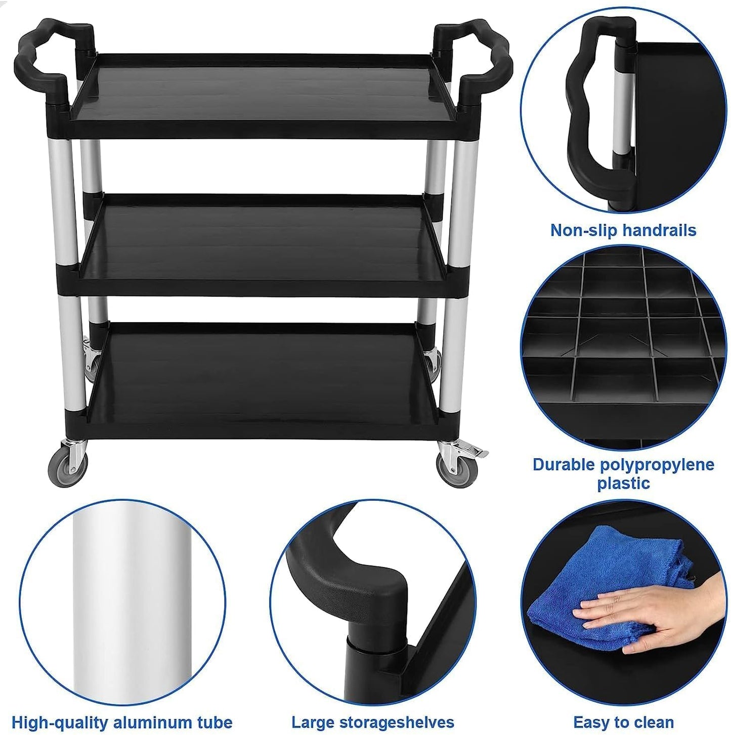 3-Shelf Heavy Duty Rolling Utility Cart 360 Lbs Capacity – 42" Wx20 Dx39 H Black Cart with Lockable 360° Swivel Wheels | Easy Maneuverability for Restaurant, Foodservice & Cleaning