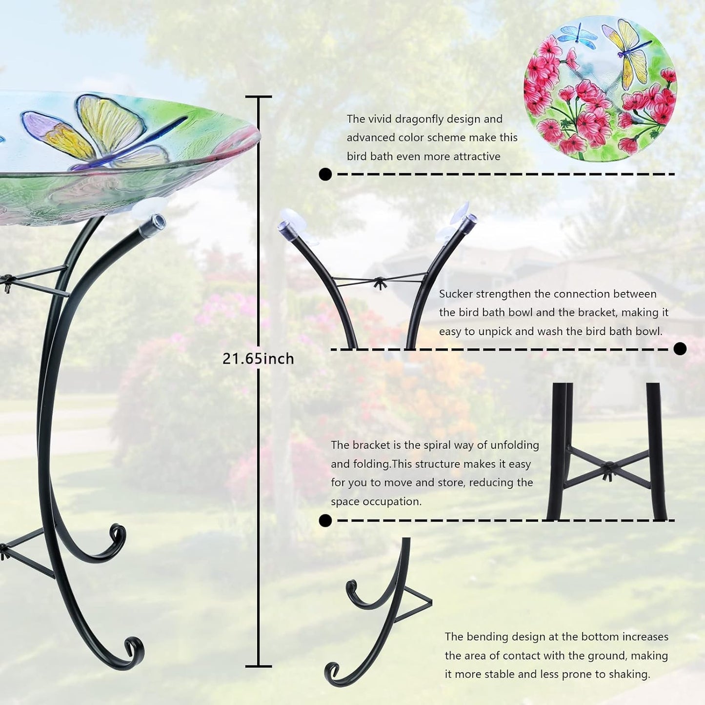 MUMTOP Bird Bath-Bird Baths for Outdoors - Dragonfly Large Bird Bath Bowl with Metal Stand, Glass BirdBaths for The Garden Lawn Yard Decor