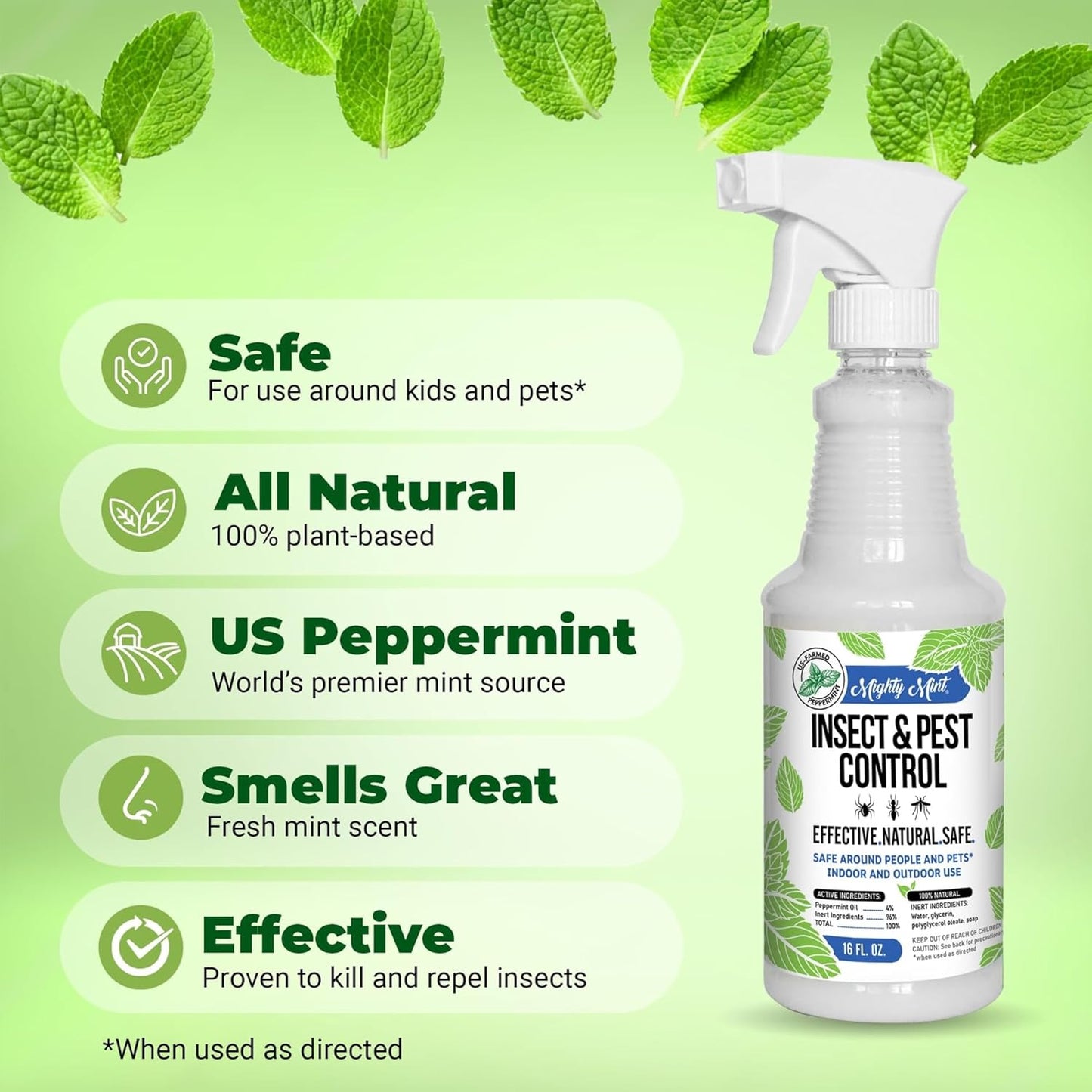 Mighty Mint Peppermint Oil Insect Repellent Spray – Natural Indoor & Outdoor Bug Control for Spiders, Ants, Roaches, and More – Plant-Based, Extra-Strong Formula - 16 oz (Pack of 2)