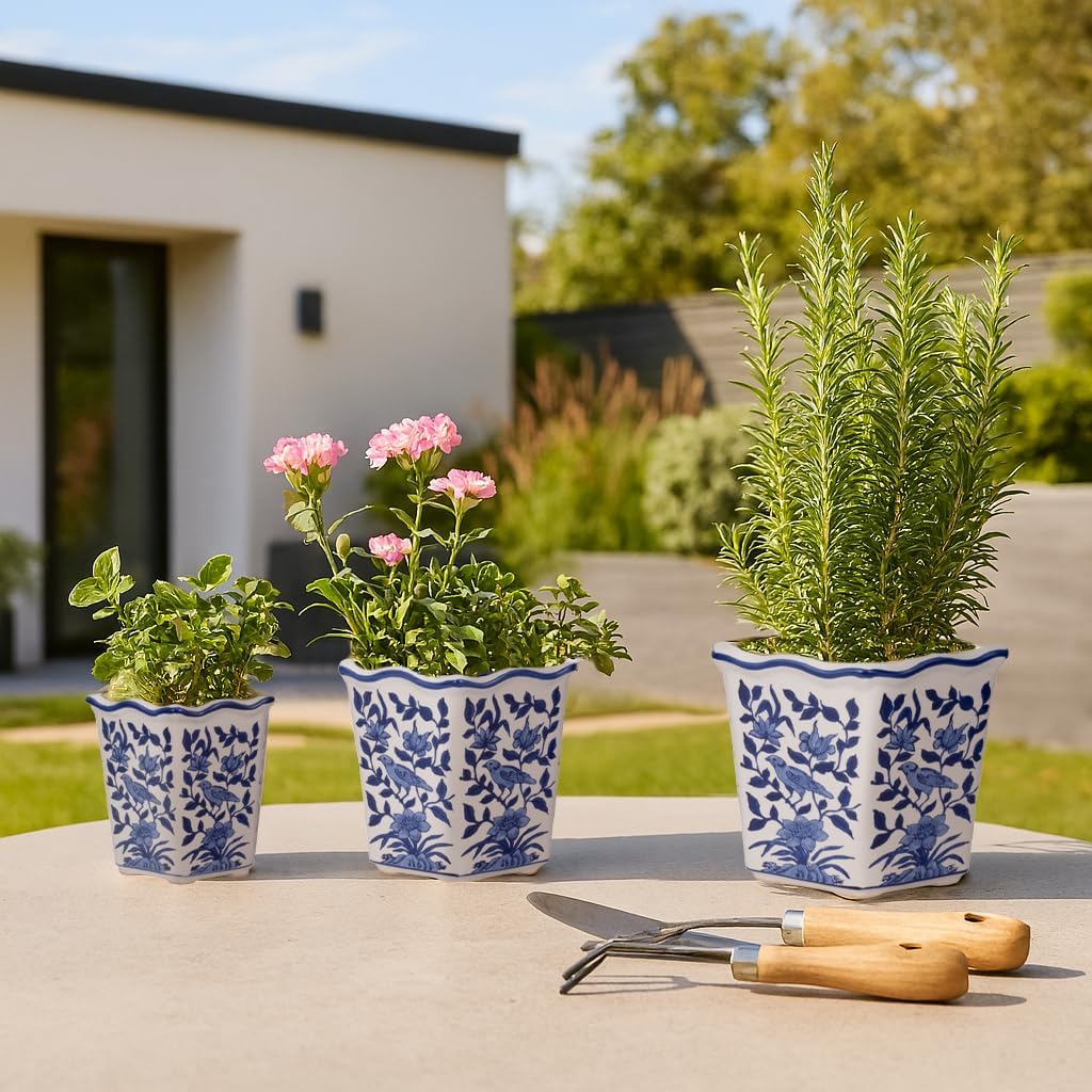 Home Decor Flower Pots and Planters – Intricate Pots with Floral Pattern for Indoor and Outdoor Plants - Vintage Plant Pots Great for Garden, Patio, or Room Decor Set of 3 – 9", 8", 7" Blue & White