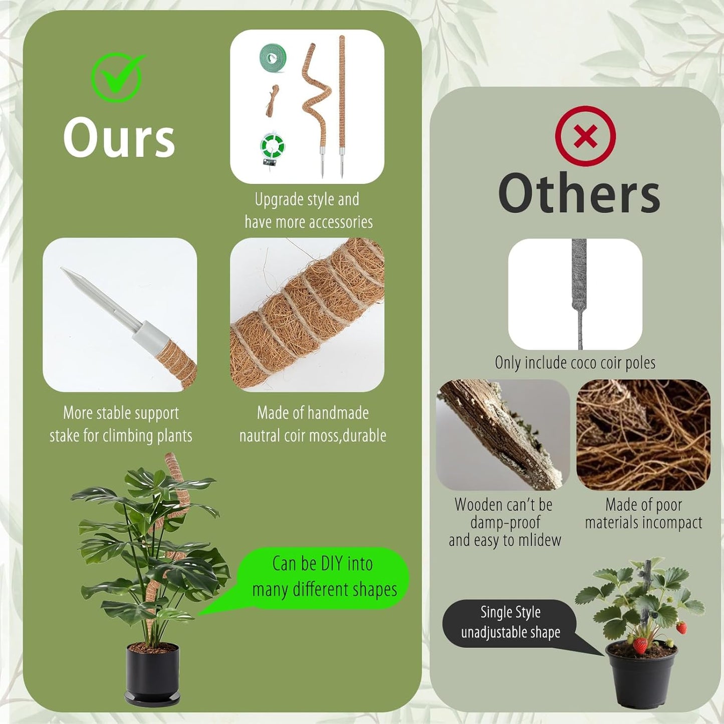 3 Pack Moss Pole, 48 Inch Monstera Plant Support, Moss Poles for Climbing Indoor Plants, Bendable Coco Coir Plant Support Stakes for Potted Plants, Pothos, Philodendron