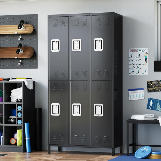 72" Metal Lockers for Employees with 6 Door, Black Metal Storage Cabinet with 18 Hooks, Industrial Locker, Assembly Required, for Gym, School, Classroom, Home, Bedroom, Office, Industrial