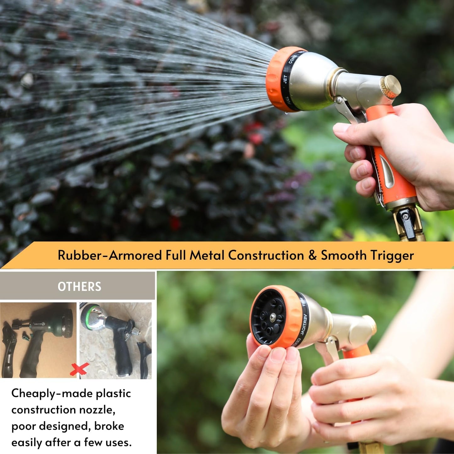 HOSUN Garden Hose Nozzle Sprayer Heavy Duty, 100% Metal Water Hose Nozzle with 8 Spray Patterns, High Pressure Hose Spray Nozzle with Non-Slip Grip for Watering Plant & Lawn, Washing Car & Pet, Orange