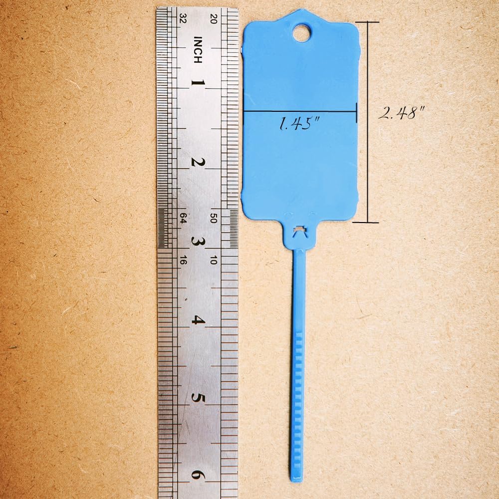 100pcs Reusable Blank Plastic Tags Ties Key Tags 1.45"*2.48" Serrated Tension Sealing Strap with Large Label Plastic Tie Mark Label Waterproof Hang Sign Write on Tag (Blue, 100pcs)