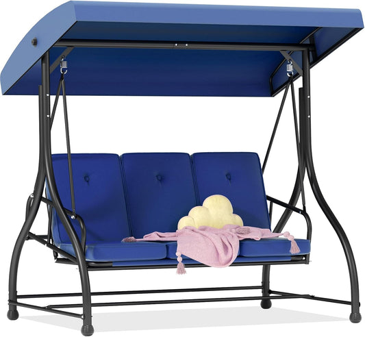 3-Seat Porch Swing Bed with Adjustable Canopy & Removable Cushions, Heavy Duty Steel Frame Outdoor Patio Swings Glider Chair for Backyard, Garden, Deck, Blue
