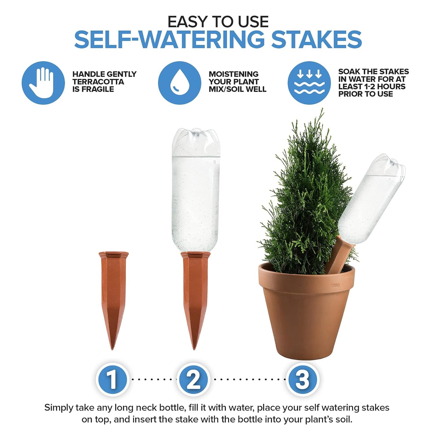 Modern Innovations Ceramic Terracotta Self Watering Spikes (6 Pack) Vacation Automatic Plant Waterer Devices, Indoor/Outdoor Planter Insert, Terra-Cotta Stakes for Potted Plants, Auto-Water System