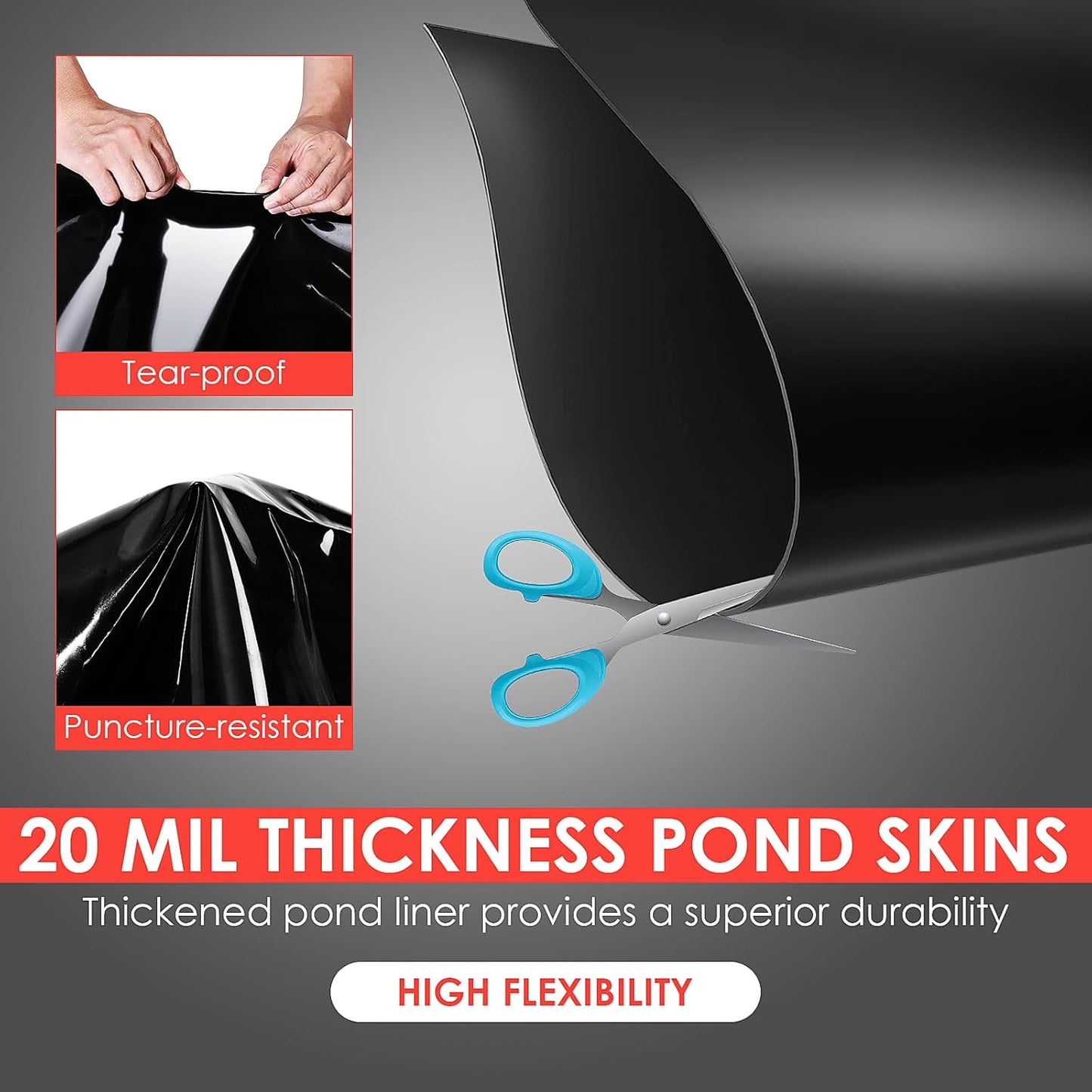 20x25 ft Pond Liner, 20 Mil Thickness, Pliable & Durable LLDEP Material, Easy Cutting & UV Resistant, for Fish or Koi, Features, Waterfall Base, Fountains and Water Gardens