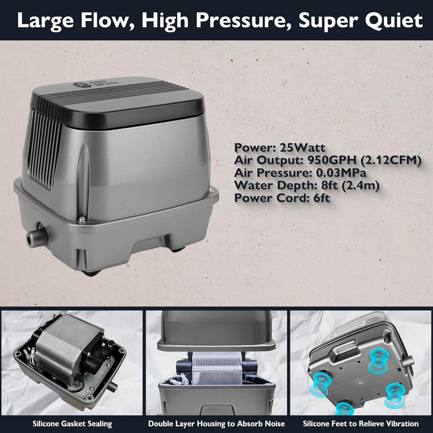 AquaMiracle Koi Pond Aerator Pond Air Pump for Outdoor Ponds 10000-15000 Gallons, All-in-One Aeration Kit with Self-Sinking Airline Flow Control Rubber Air Diffuser