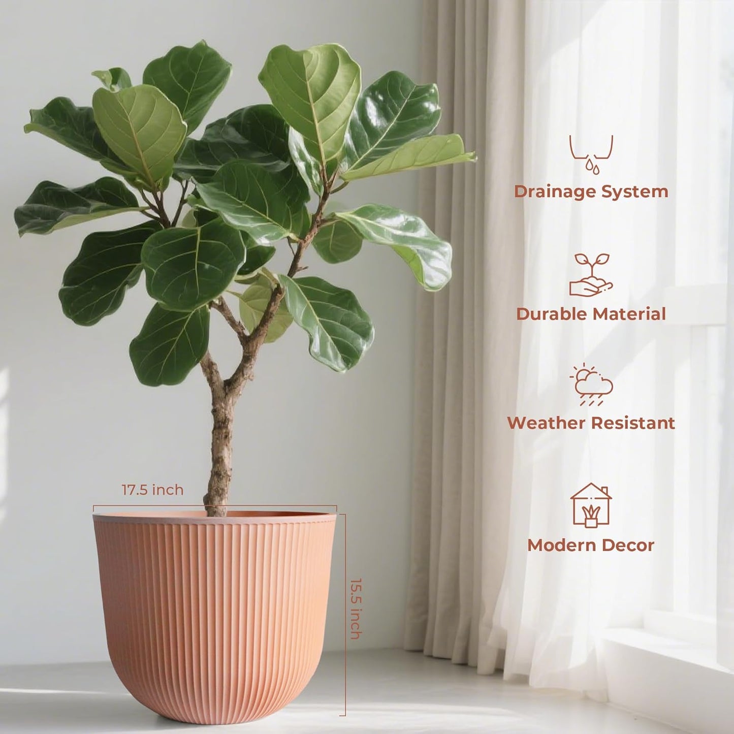 WORTH Garden Round Large Planter Pot 1-Pack, 17.5" Dia x 15.5" H - Durable Plastic Terracotta Plant Tree Pots with Vertical Stripe Textured Finish, Drainage Hole for Indoor Outdoor Front Porch Patio