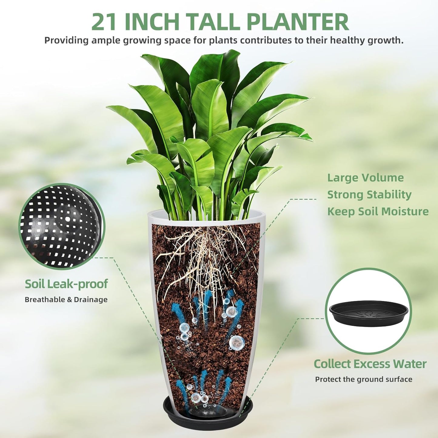 21 inch Tall Planter Indoor Outdoor, Set of 2 Tall Outdoor Planters for Porch Large Planter Pot with Drainage Hole for Home Garden Front Door (White)