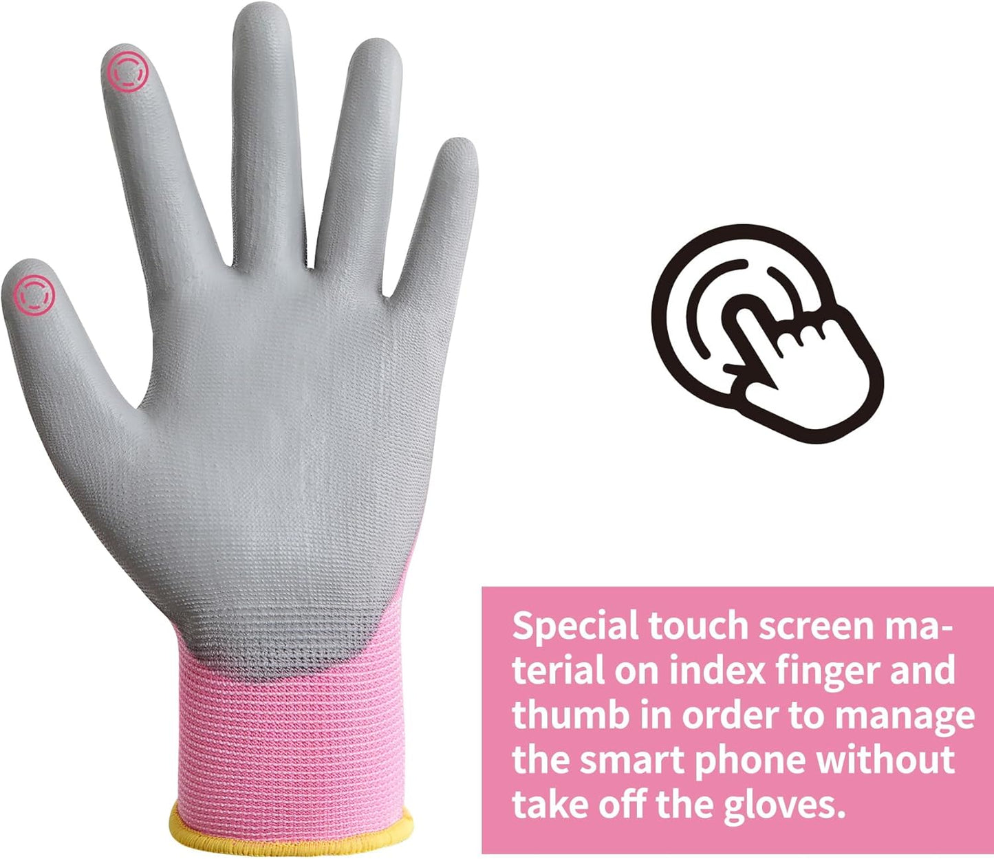 DULFINE Work Gloves for Men PU Coated 12 Pairs Bulk Pack,Pink Seamless Knit Glove with thin Polyurethane,Two Finger Touchscreen, for Men and Women, Ideal for Light Duty Work. (Small)