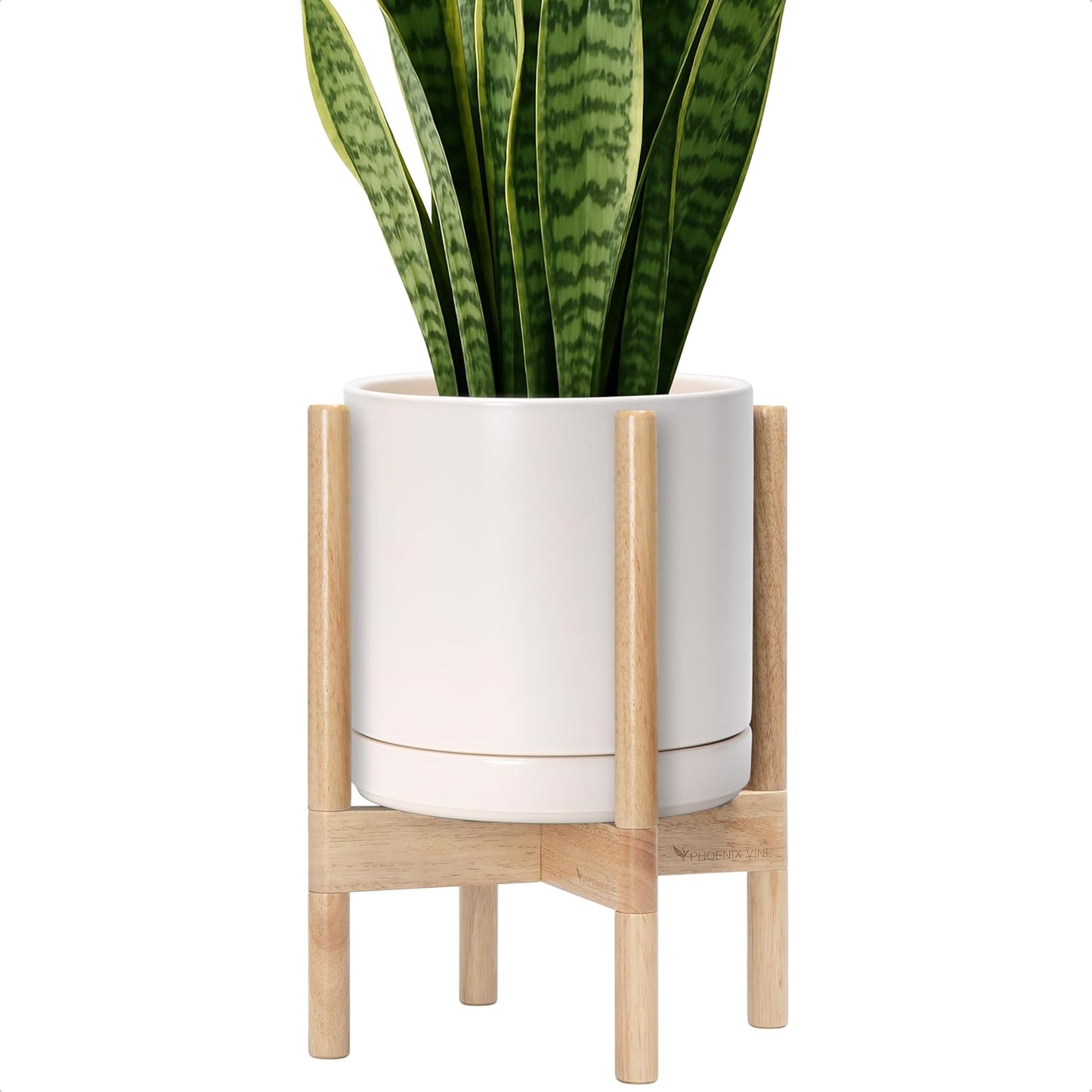 D'vine Dev Ceramic Planter with Natural Stand - 10 Inch Modern Round Flower Pot with Wood Planter Holder, Oatmeal, 55-B-K-8