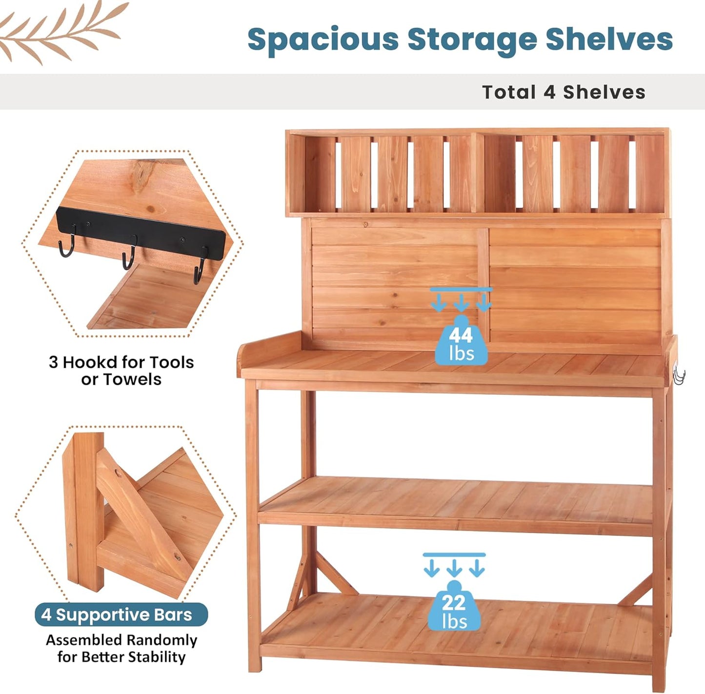 65" Wooden Potting Bench with 4 Shelves & Side Hook - Farmhouse Style Outdoor Garden Workstation (Natural + Solid Wood + Timber)