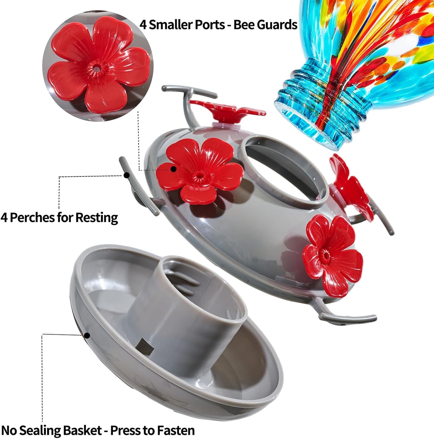 Muse Garden Hand Blown Glass Hummingbird Feeder - 19OZ Plastic Base Humming Bird Feeders for Outdoors Hanging, Garden Decor Gifts for Bird Lovers, Blue Fireworks