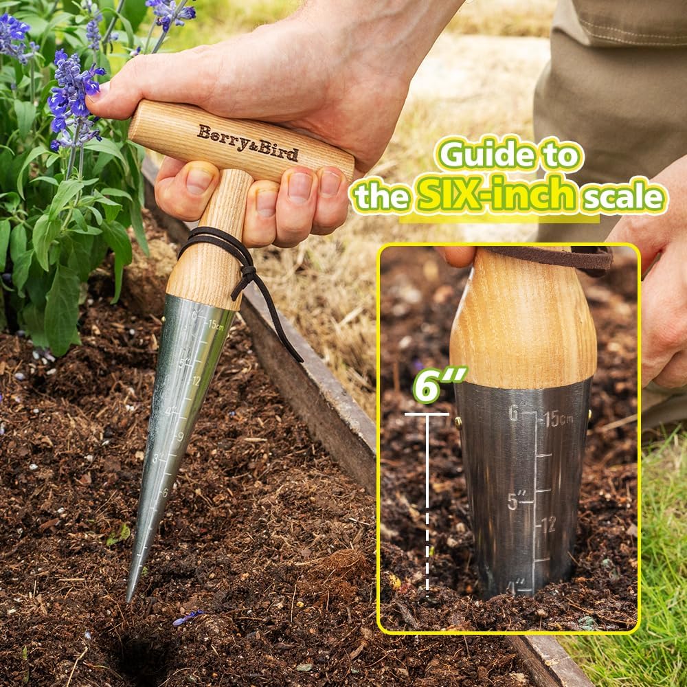 Berry&Bird Hand Dibber – Precision Wood Handle Garden Hole Punch Dibbler Tool for Planting Seeds & Bulbs with 6'' Measuring Scale, Bulb Planter for Planting Flowers Tulips Daffodils Dahlias