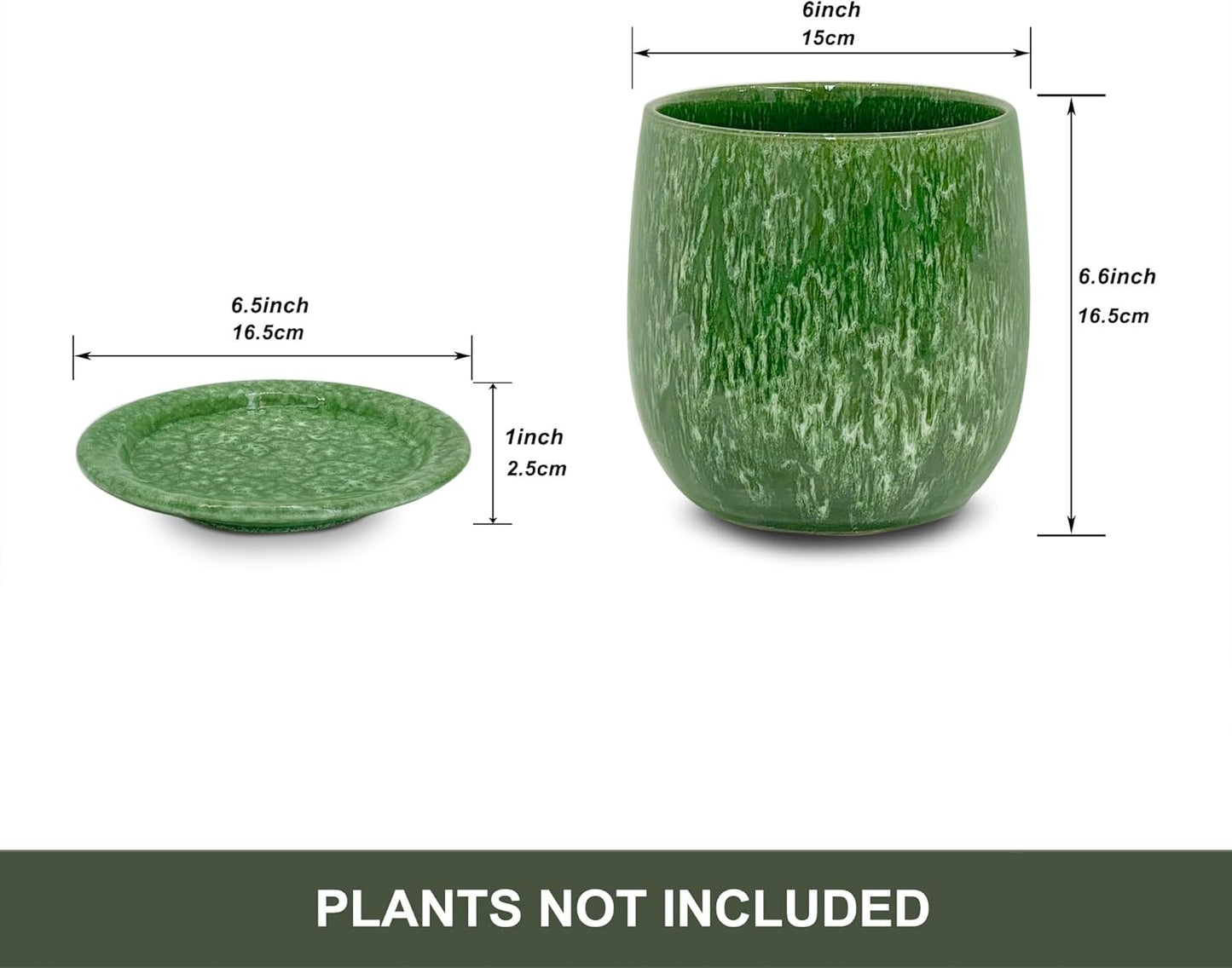 6 in Ceramic Plant Pot with Saucer，Indoor Plant Pot for Plants, Flower Pot with Drainage，Reactive Glaze Green
