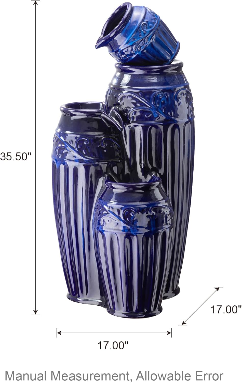 Glitzhome 35.5" H Oversized Outdoor Water Fountain with LED Lights and Pump, 4 Tier Cobalt Blue Embossed Pattern Ceramic Pots Cascading Floor Standing Fountain for Porch Deck Garden Patio Backyard