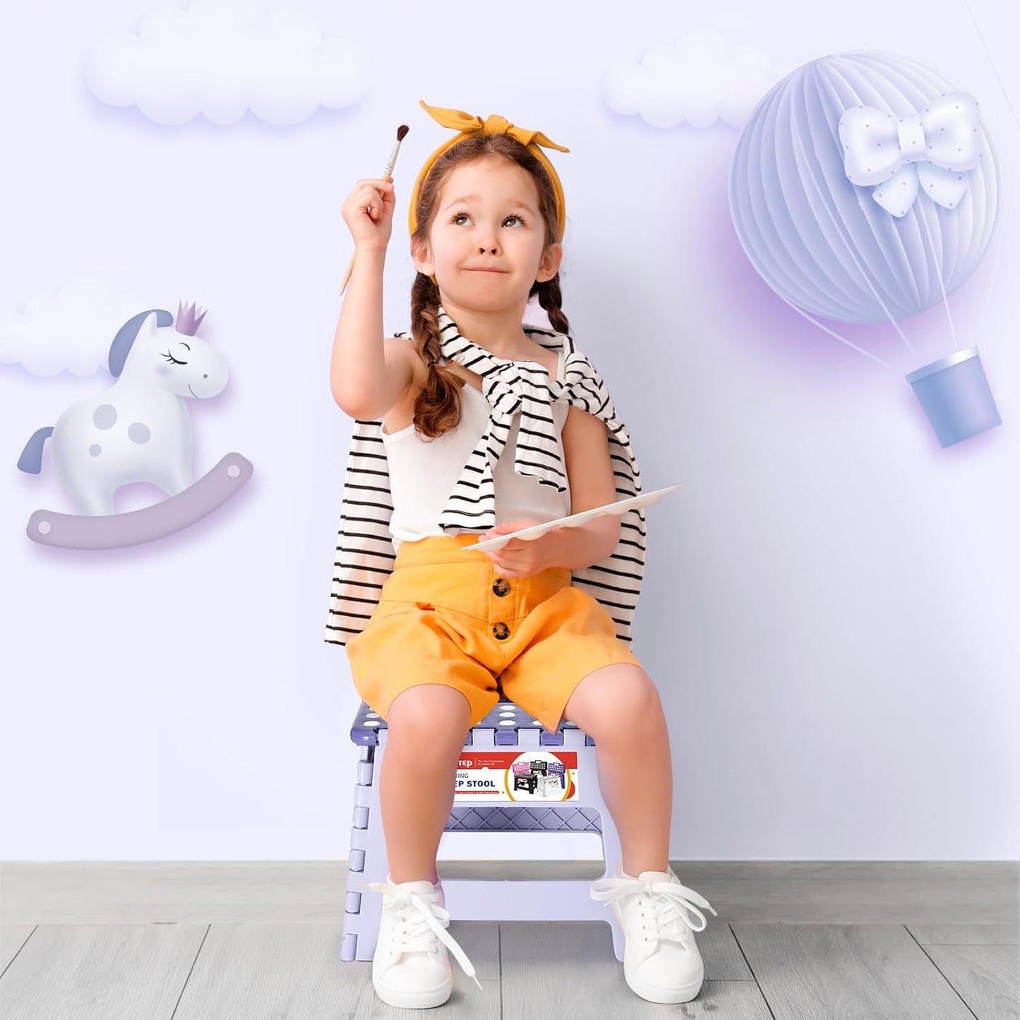 ACSTEP 9 Inch Folding Step Stool 300 LB Capacity Plastic Foldable Step Stools for Kids and Adults, Folding Stool Suitable for Kitchen, Stepping Stool with Handle Bicolor Purple Small Step Stool 1PC