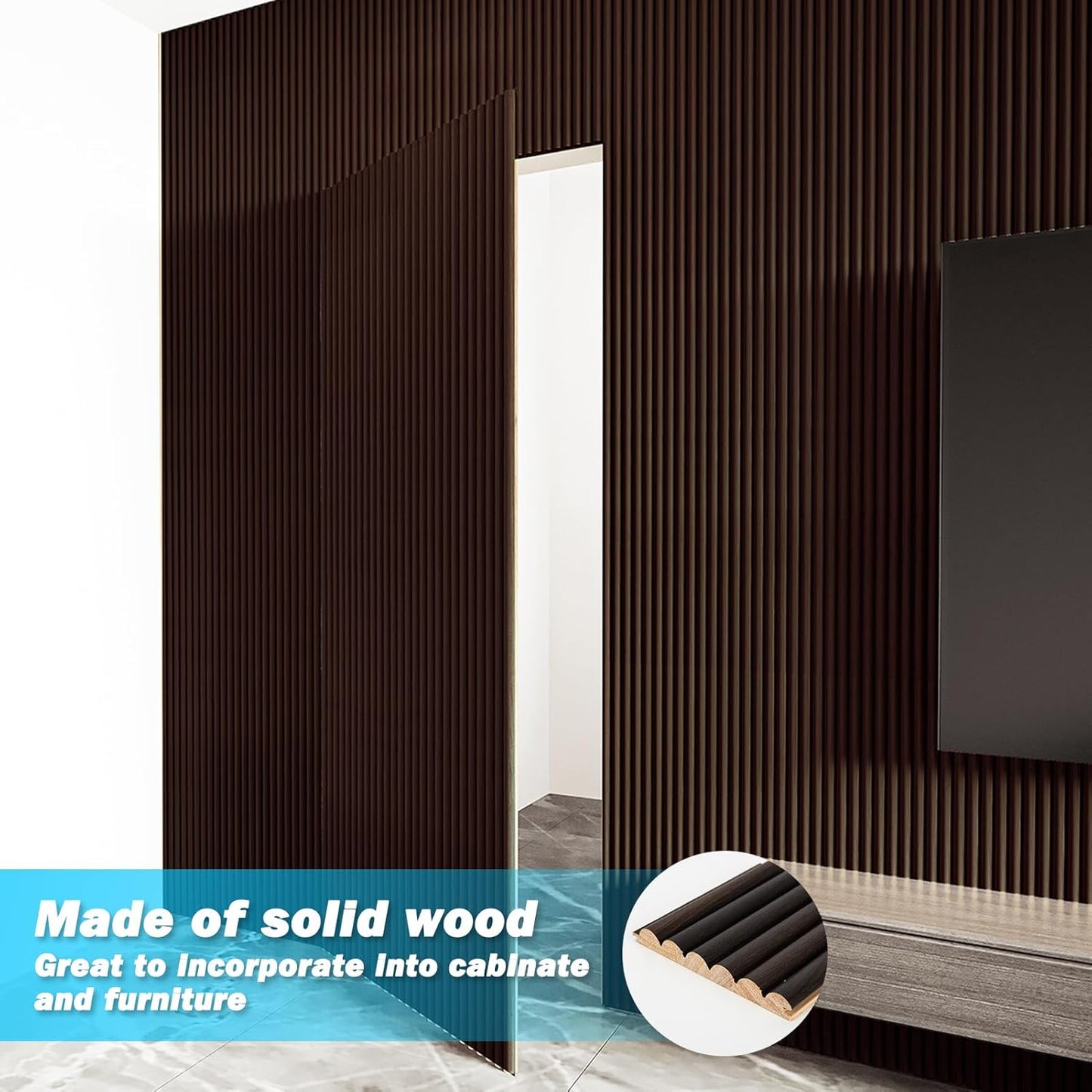 Art3d Fluted Wood Panel for Wall and Ceiling, Beaded Accent molding for Home Decoration, Pack of 4pcs + 1pc End-Trim, Size 108 x 5.7in.- Beaded Smoked Oak