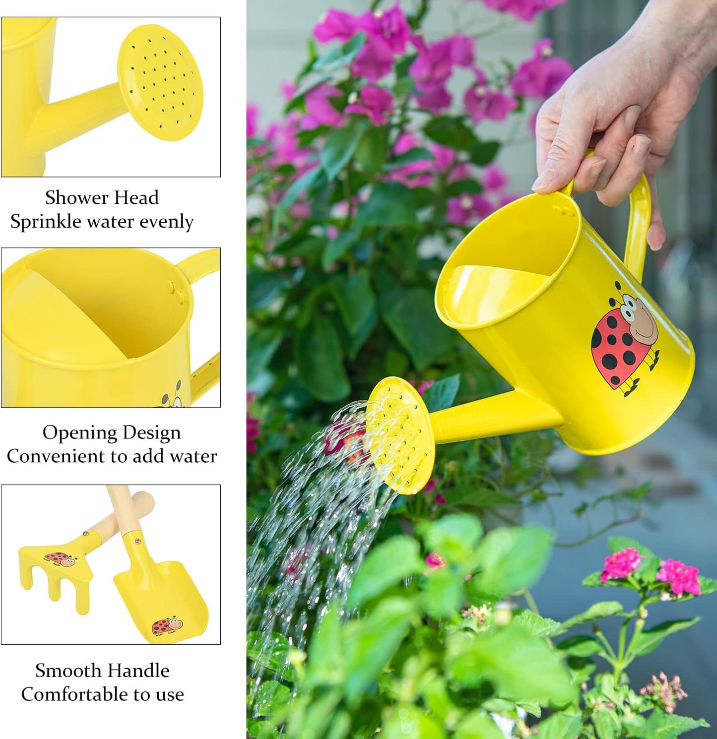 Sungmor Kids Gardening Tools Set Cute Little Gardener Kit | Package Includes 3PC Yellow Ladybird Watering Can & Trowel & Rake Gardening Hand Tools | Perfect for Garden,Yard or Beach