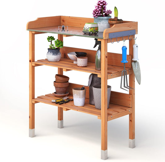 ARNOT Potting Bench,Outdoor Potting Bench Table with Sink and Storage Shelves, Wooden Garden Workstation for Gardening Tools, Planting, and Repotting – Natural Fir Wood (30" x 14.5" x 35")
